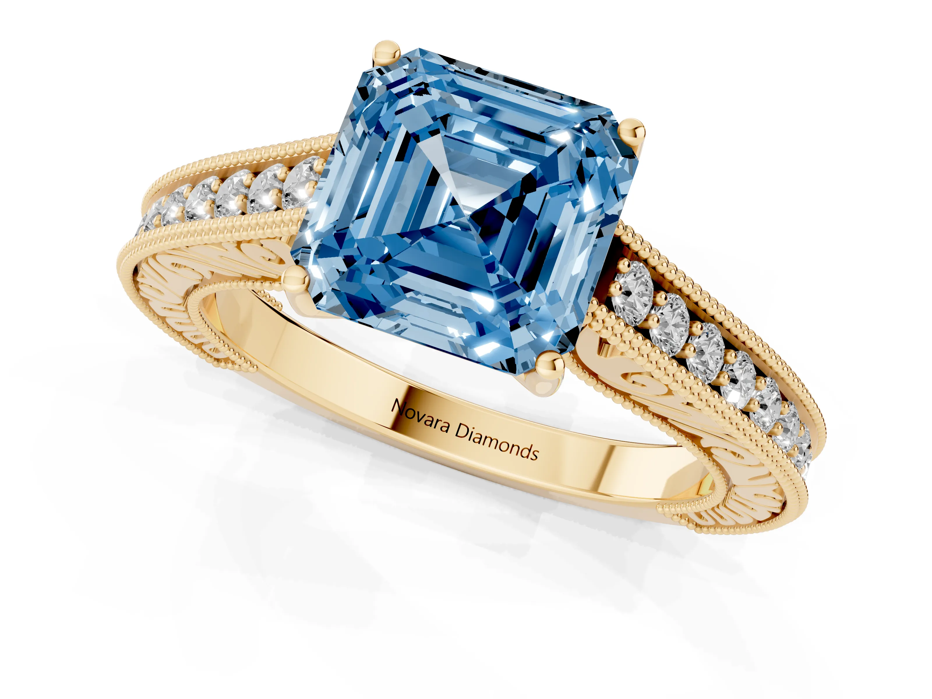 Fancy Blue Asscher Cut Diamond Milgrain Pavé Band Solitaire Ring Set in Yellow gold with Prong Setting