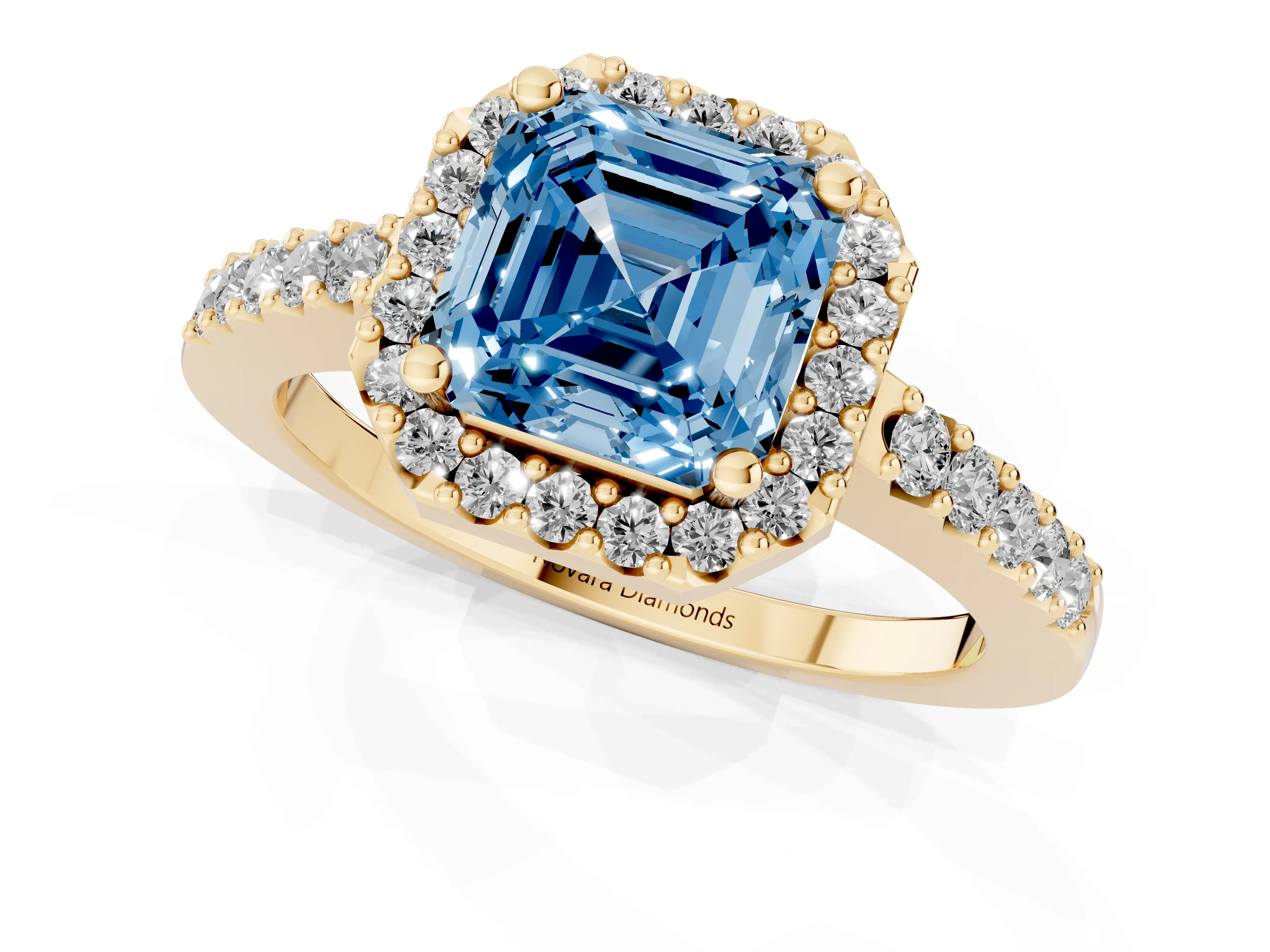 Fancy Blue Asscher Cut Diamond Halo Pavé Solitaire Ring Set in Yellow gold with Prong-Set Center Stone