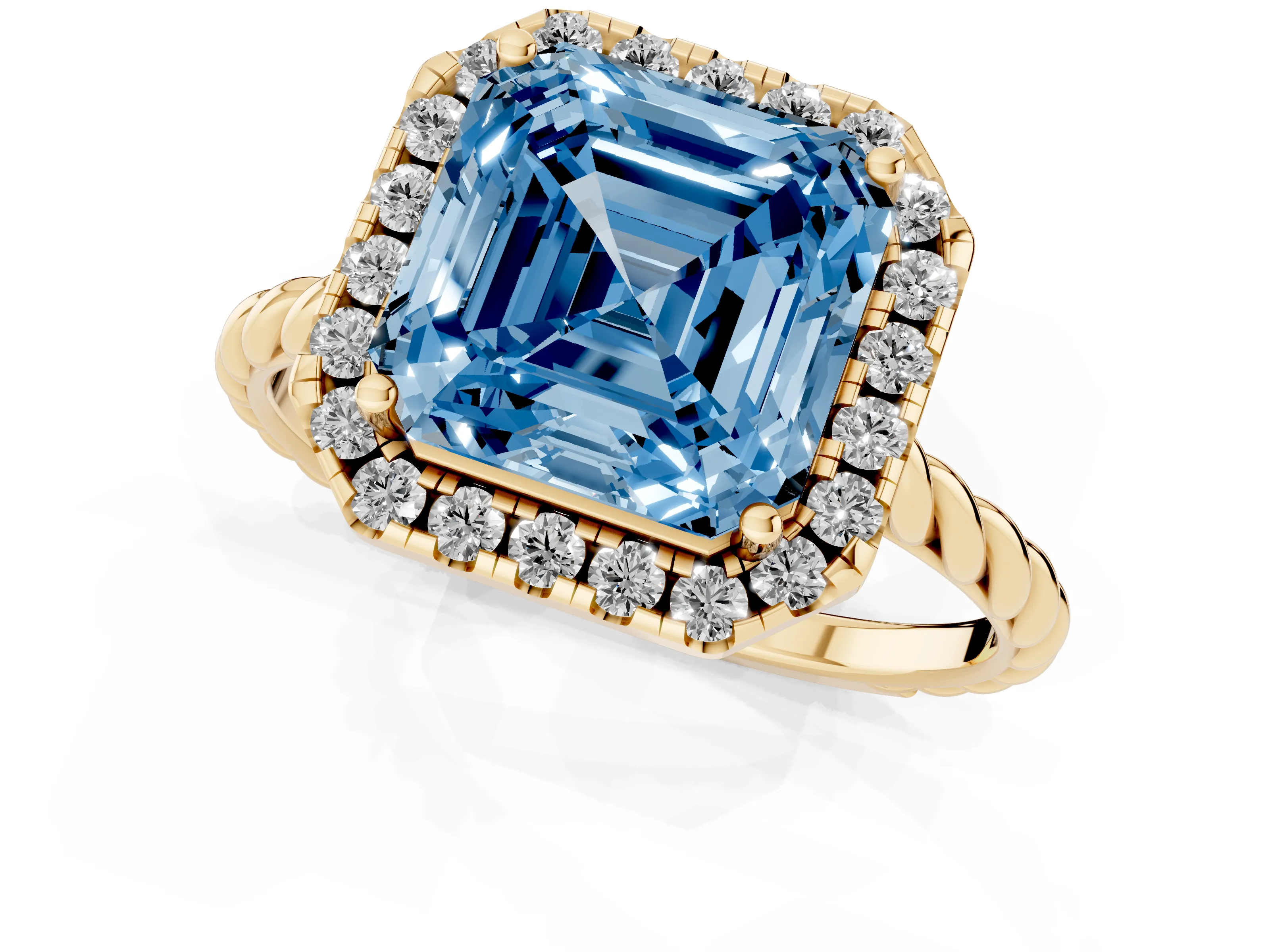 Fancy Blue Asscher Cut Diamond Halo Ring Set in Yellow gold with Plain Twisted Band