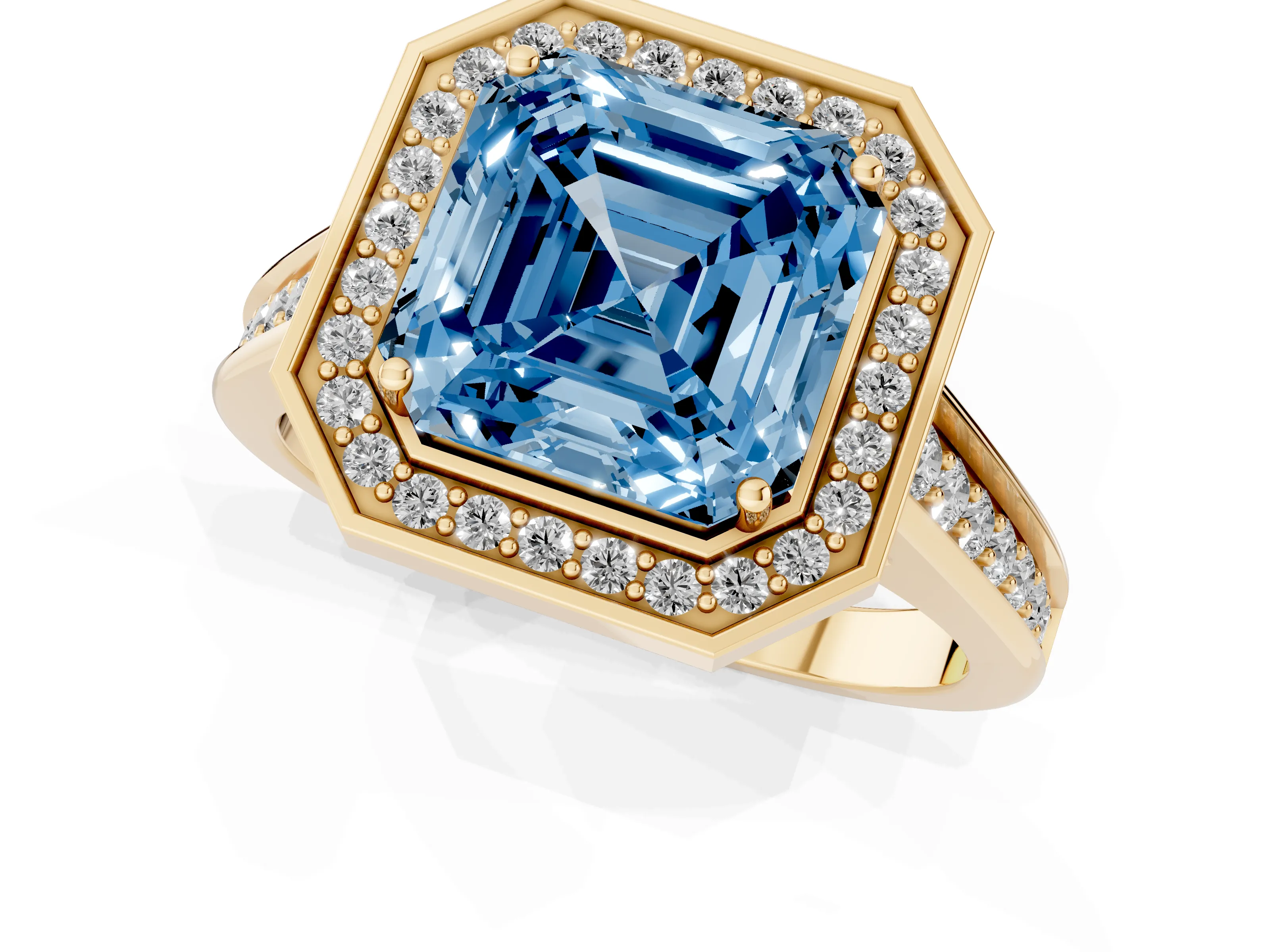 Fancy Blue Asscher Cut Diamond Halo Solitaire Ring Set in Yellow gold with Pavé Band and Bezel Setting
