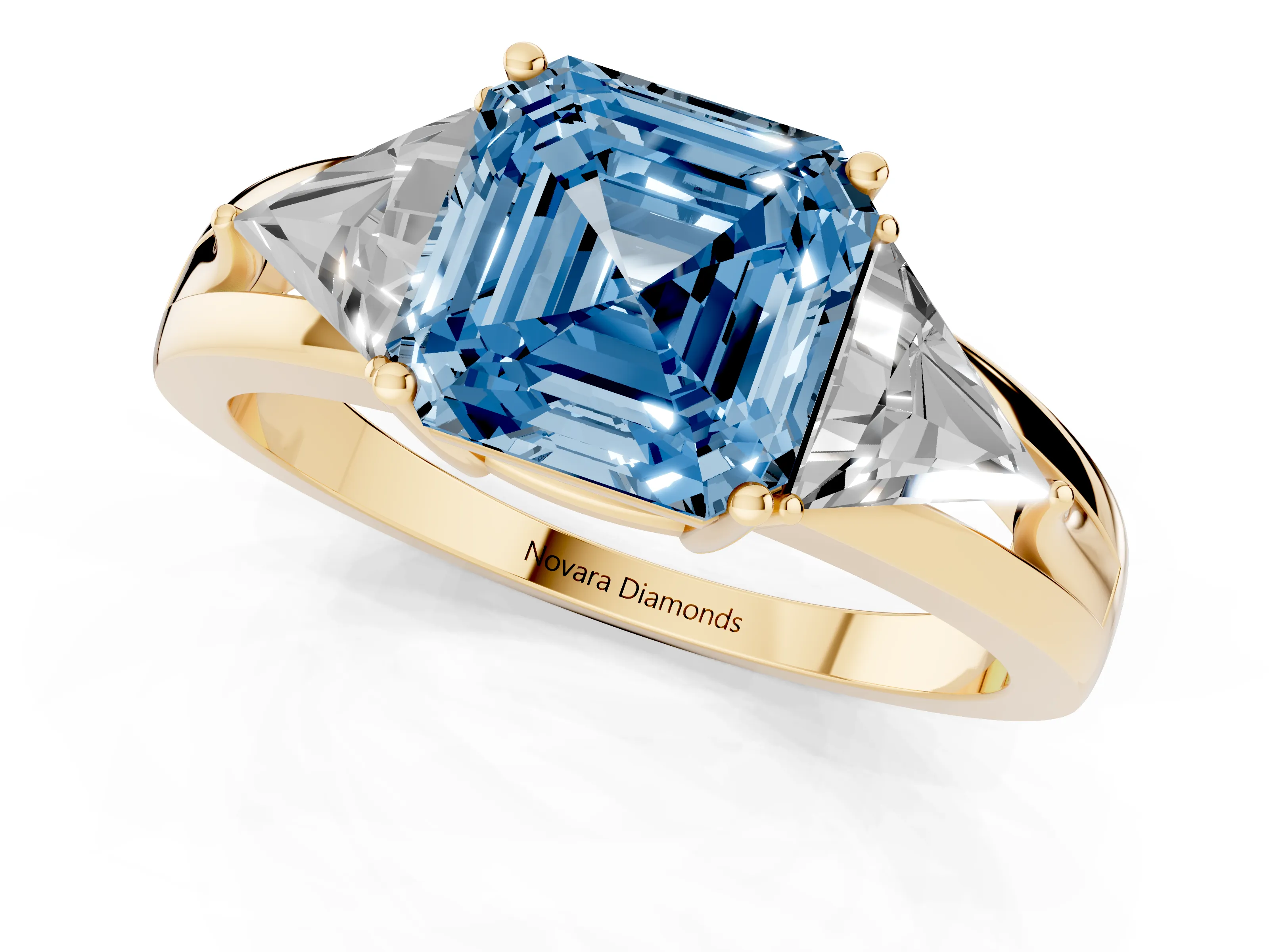 Fancy Blue Asscher Cut Diamond Three-Stone Ring Set in Yellow gold with Trillion Side Stones and Split Shank