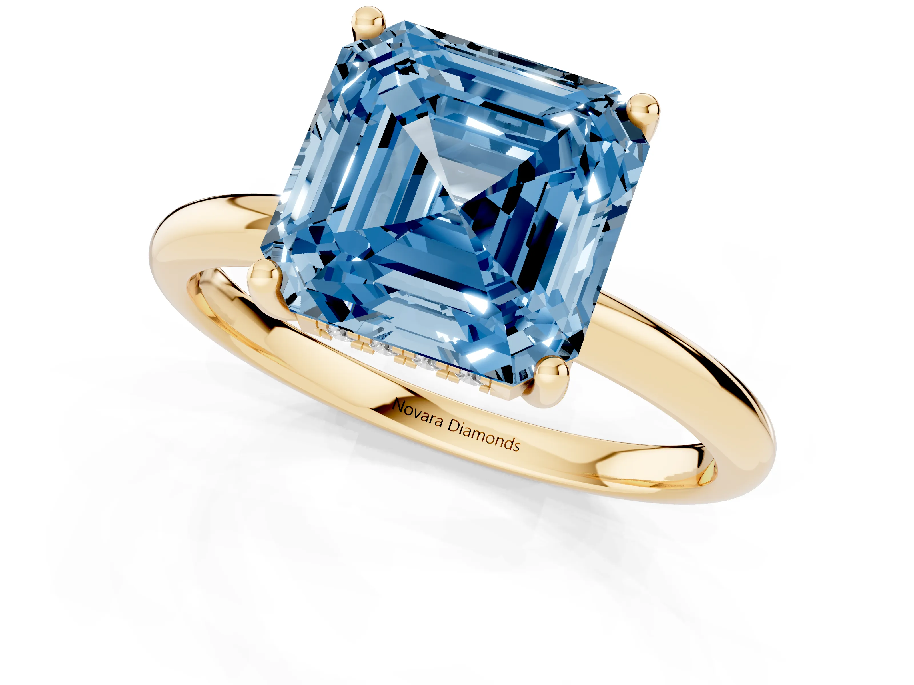 Fancy Blue Asscher Cut Diamond Solitaire Engagement Ring Set in Yellow gold with Prong Setting and Polished Band