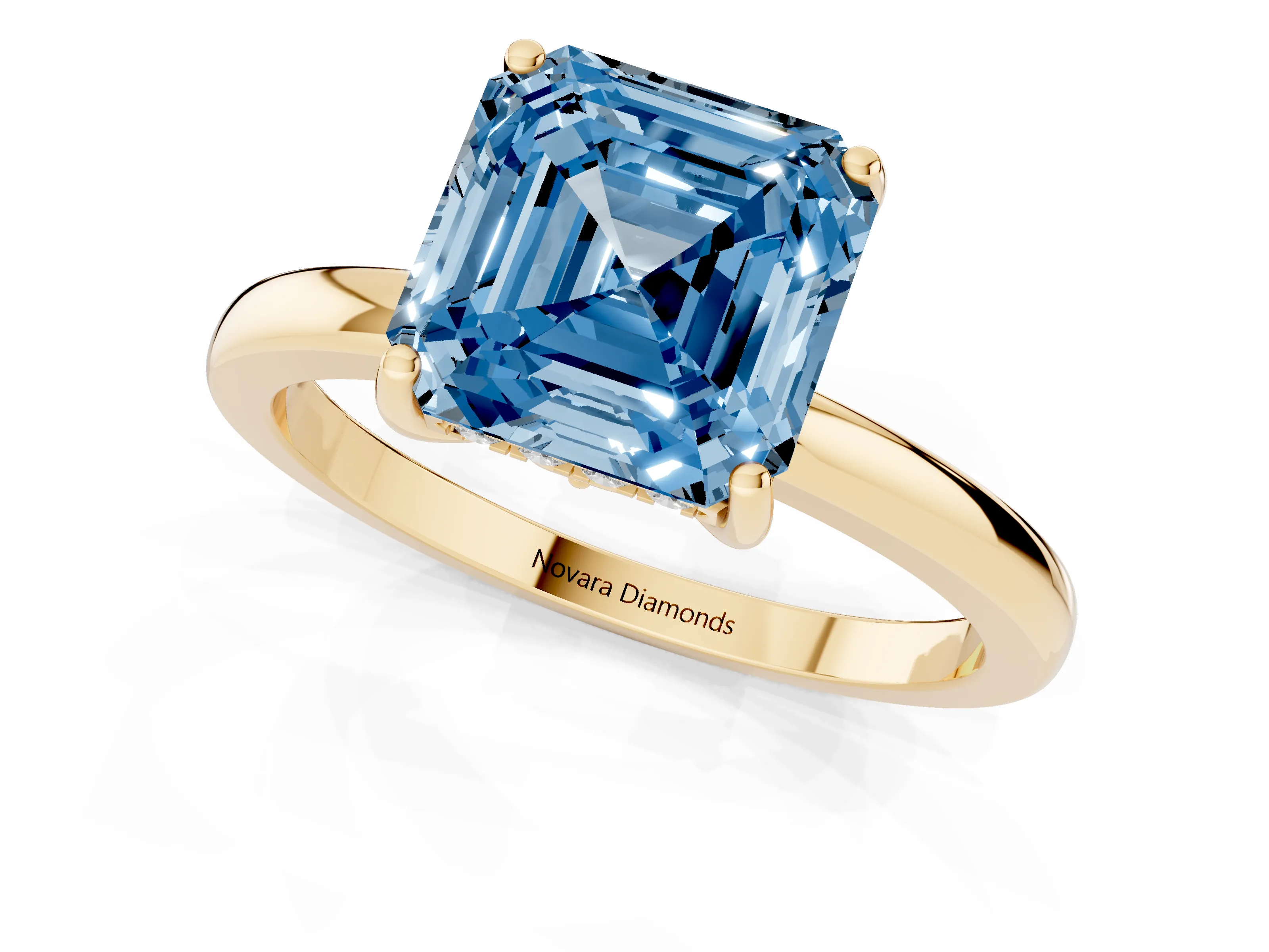 Fancy Blue Asscher Cut Diamond Solitaire Ring Set in Yellow gold with Plain Band and Prong Setting