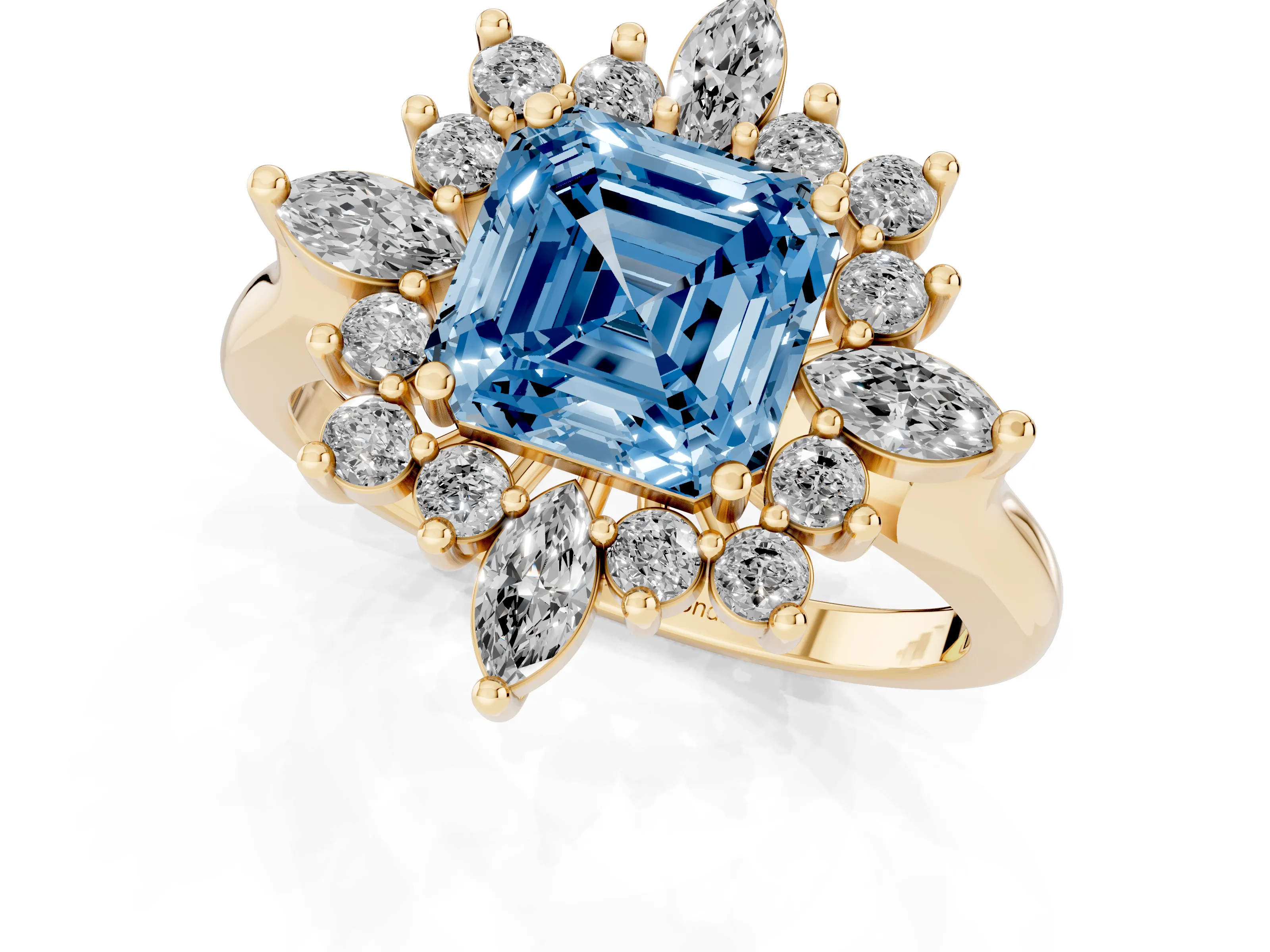 Fancy Blue Asscher Cut Diamond Cluster Halo Ring Set in Yellow gold with Marquise and Round Accents
