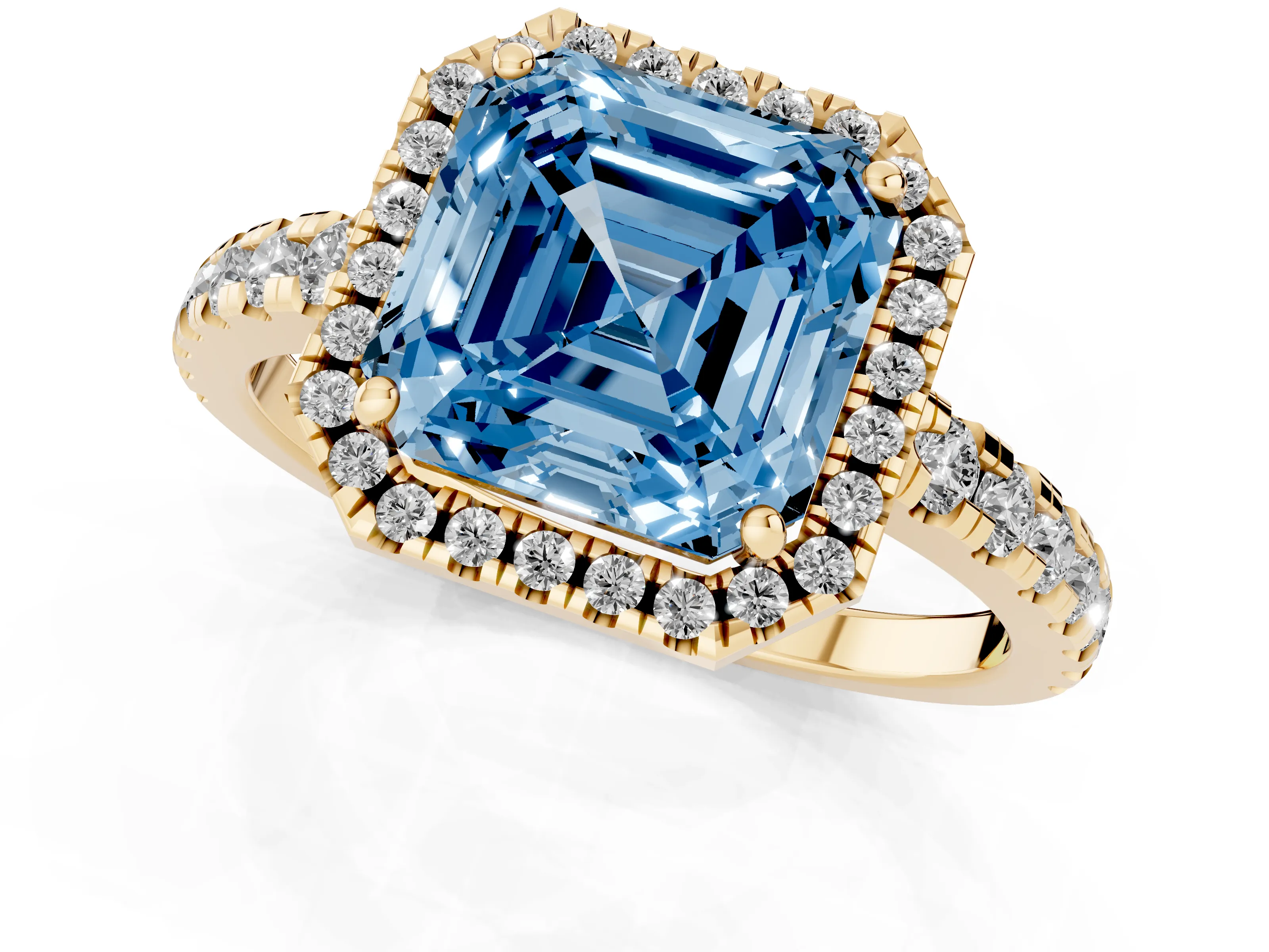 Fancy Blue Asscher Cut Diamond Halo Ring Set in Yellow gold with Delicate Pavé Band and Prong Setting