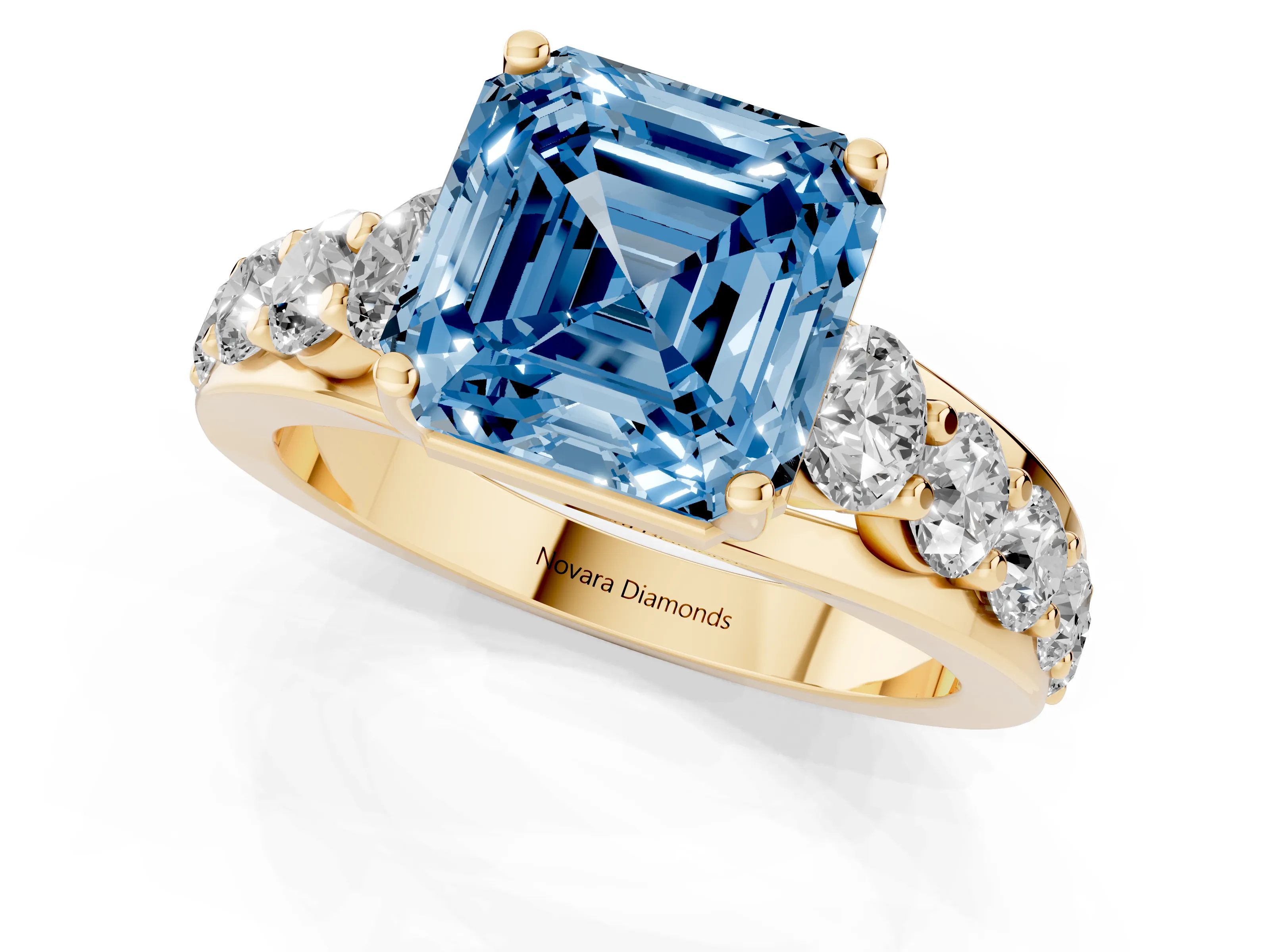 Fancy Blue Asscher Cut Diamond Pavé Engagement Ring Set in Yellow gold with Prong Setting