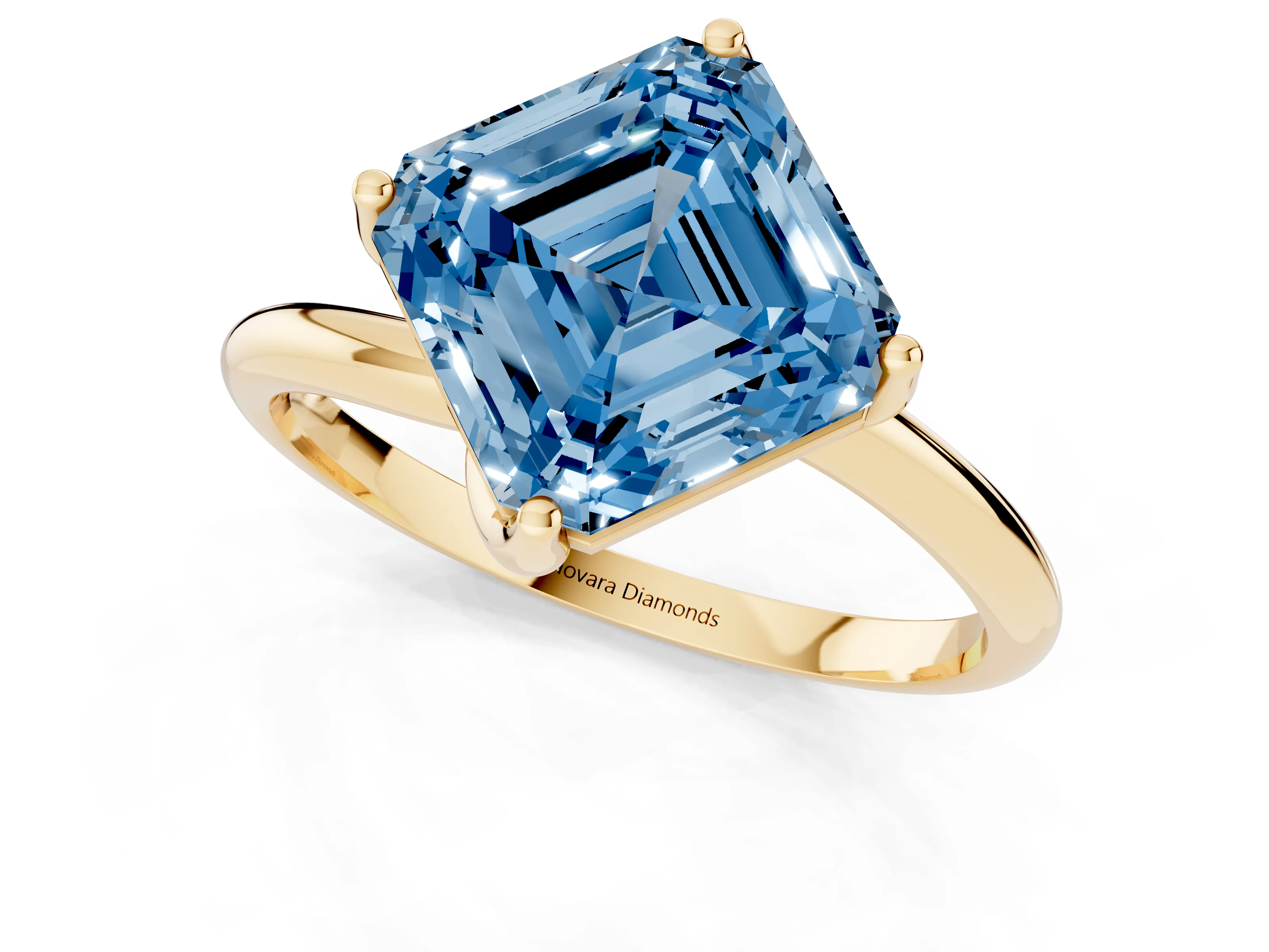 Fancy Blue Asscher Cut Diamond Solitaire Engagement Ring Set in Yellow gold with Classic Plain Band
