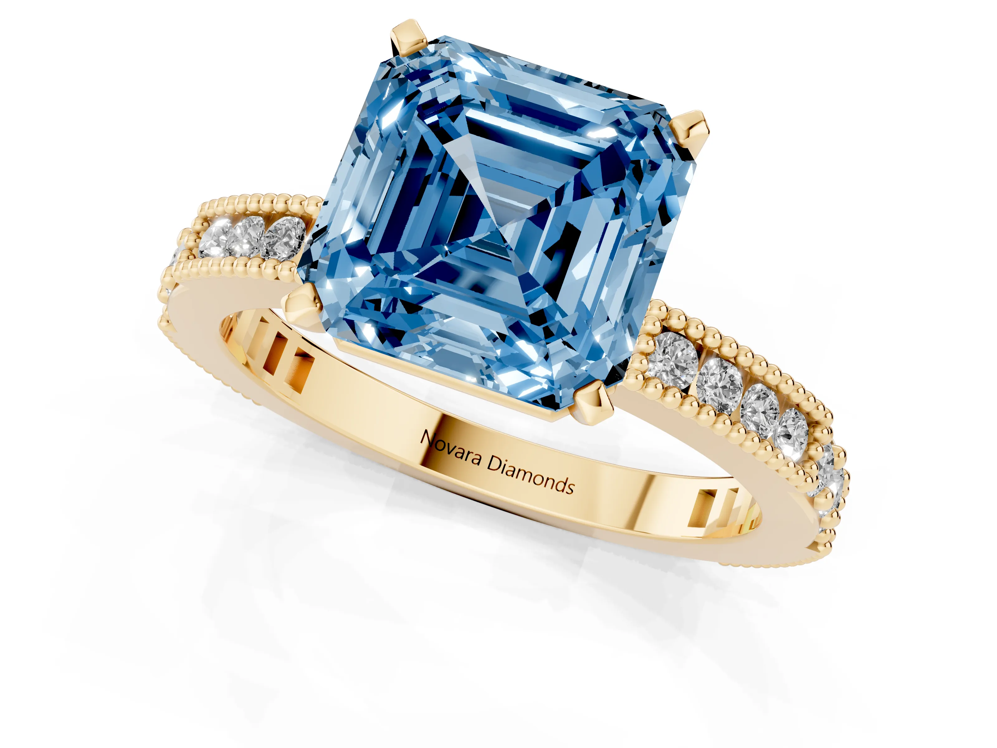 Fancy Blue Asscher Cut Diamond Solitaire Ring Set in Yellow gold with Slim Pavé Band and Prong Setting