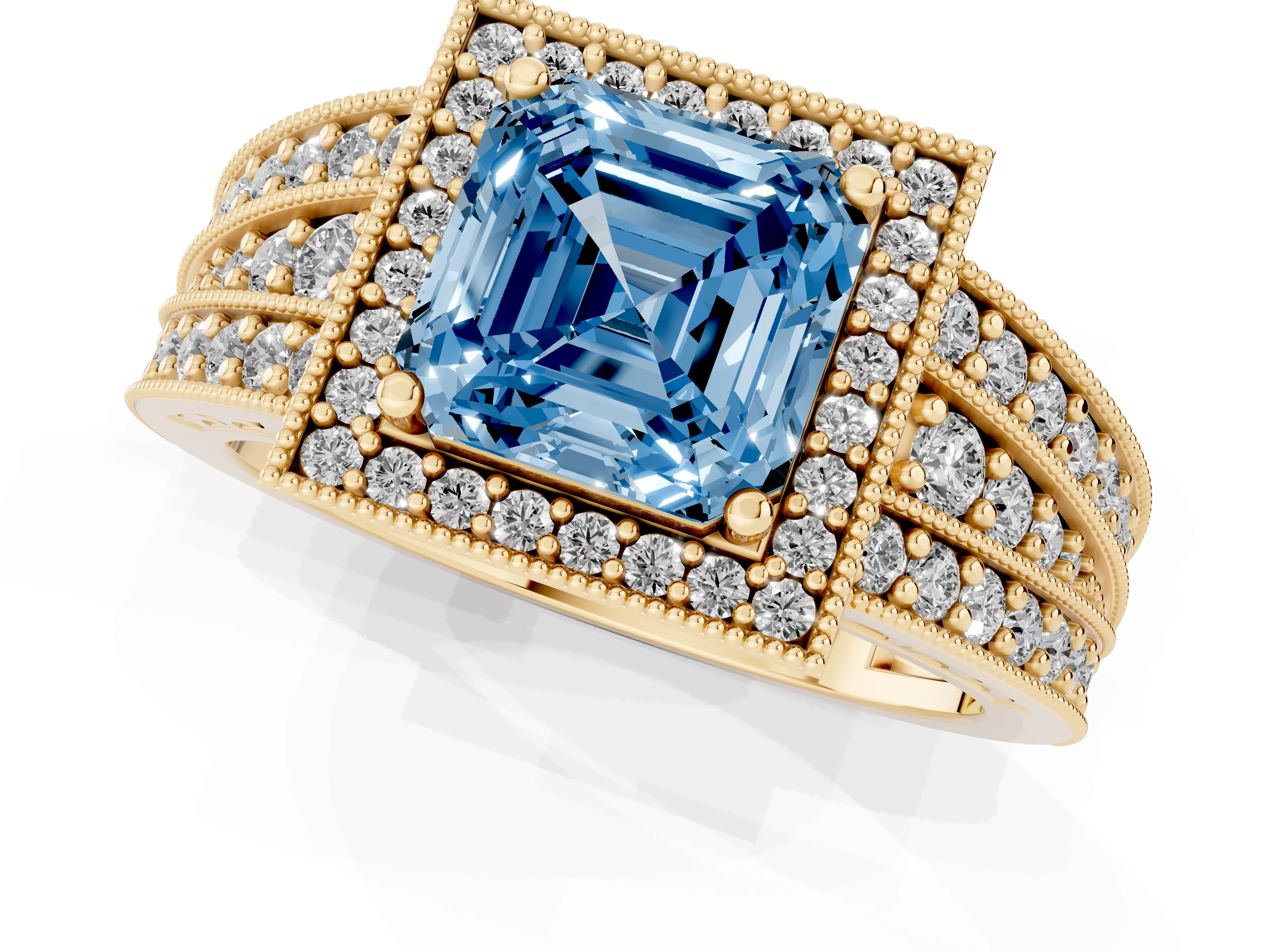 Fancy Blue Asscher Cut Diamond Halo Ring Set in Yellow gold with Accent Split Shank and Prong Setting