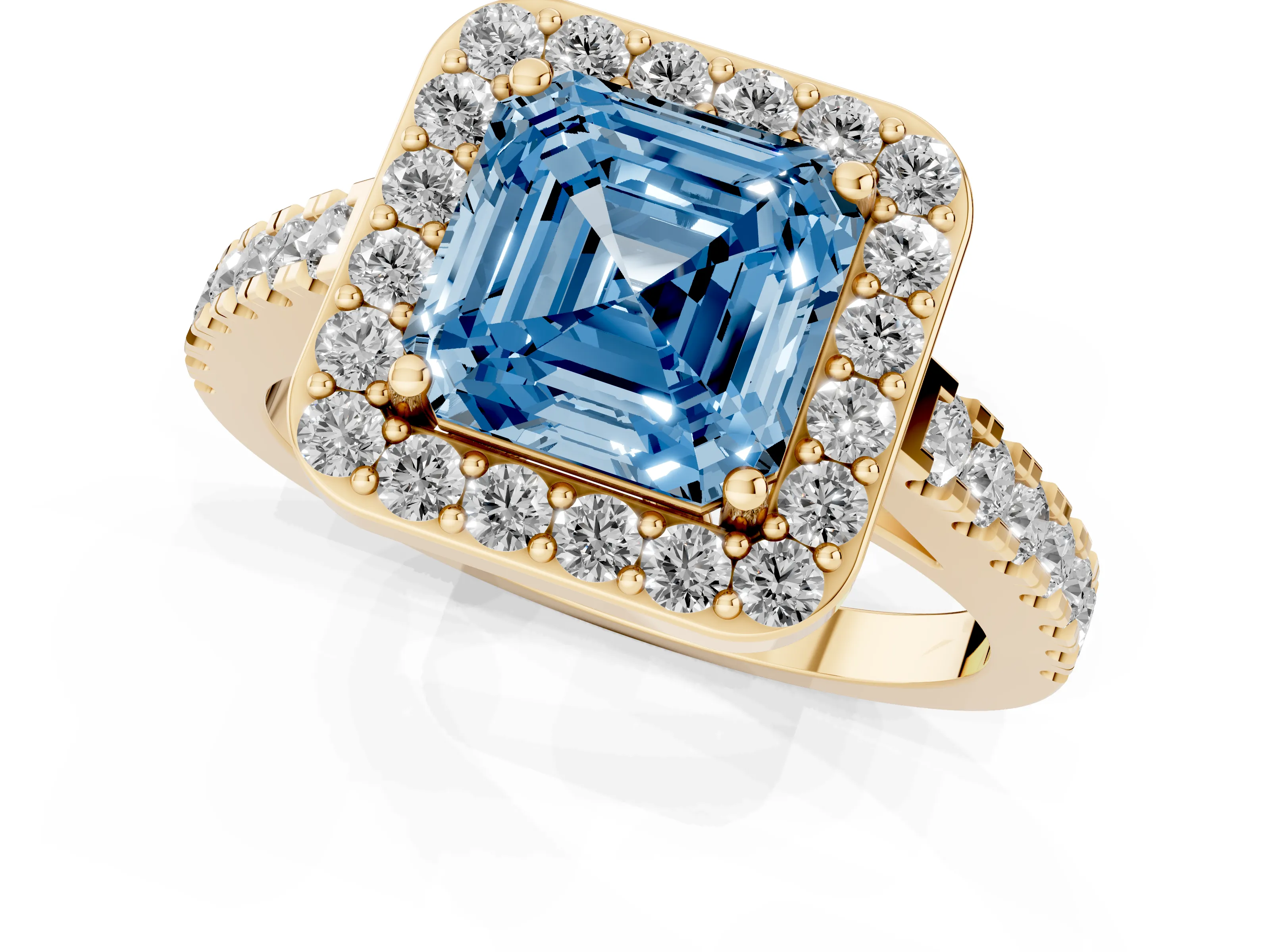 Fancy Blue Asscher Cut Diamond Halo Ring Set in Yellow gold with Round Pavé Split Shank and Prong Setting