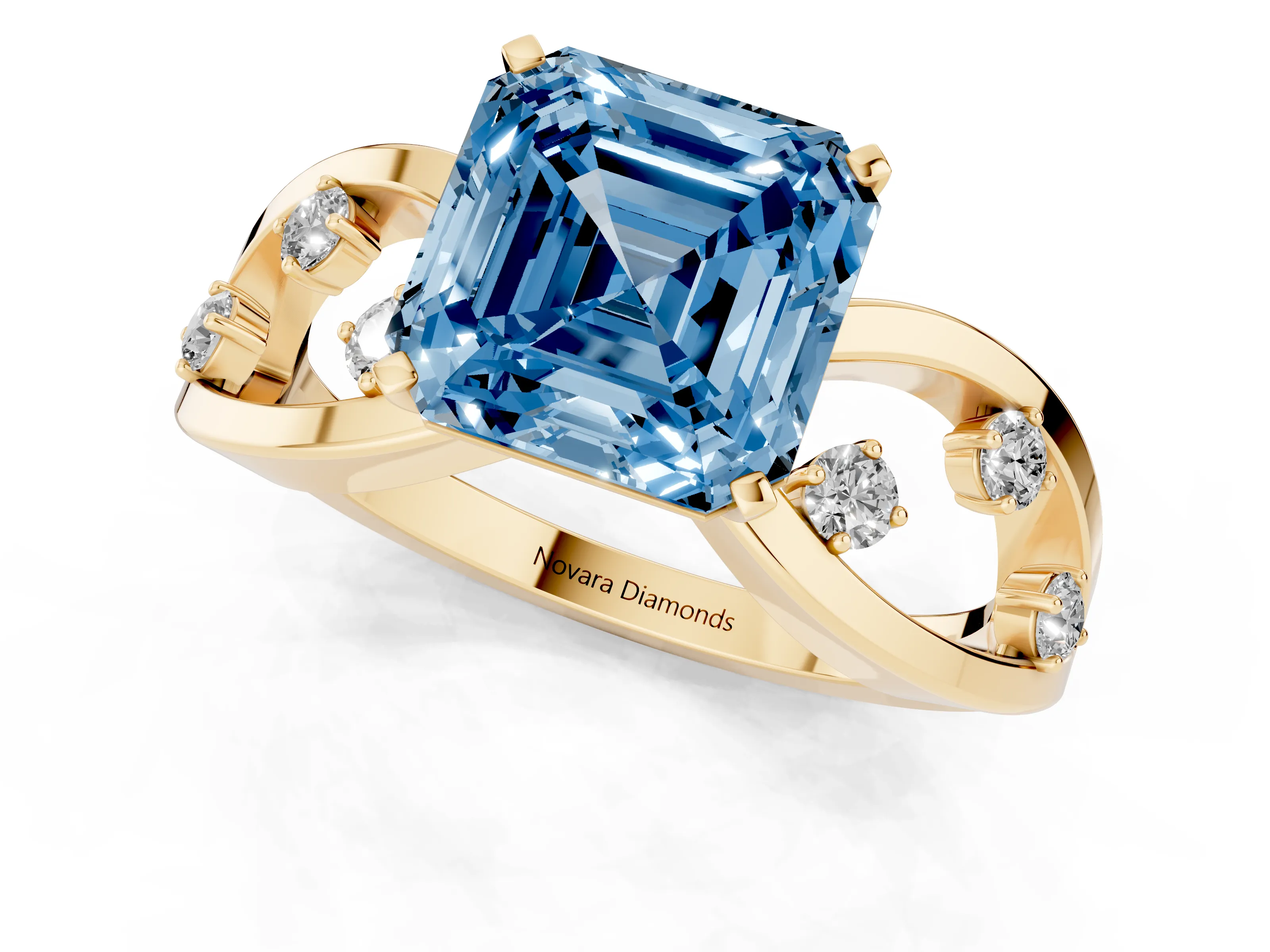 Fancy Blue Asscher Cut Diamond Solitaire Ring Set in Yellow gold with Side Stones on Criss-Cross Band and Prong Setting