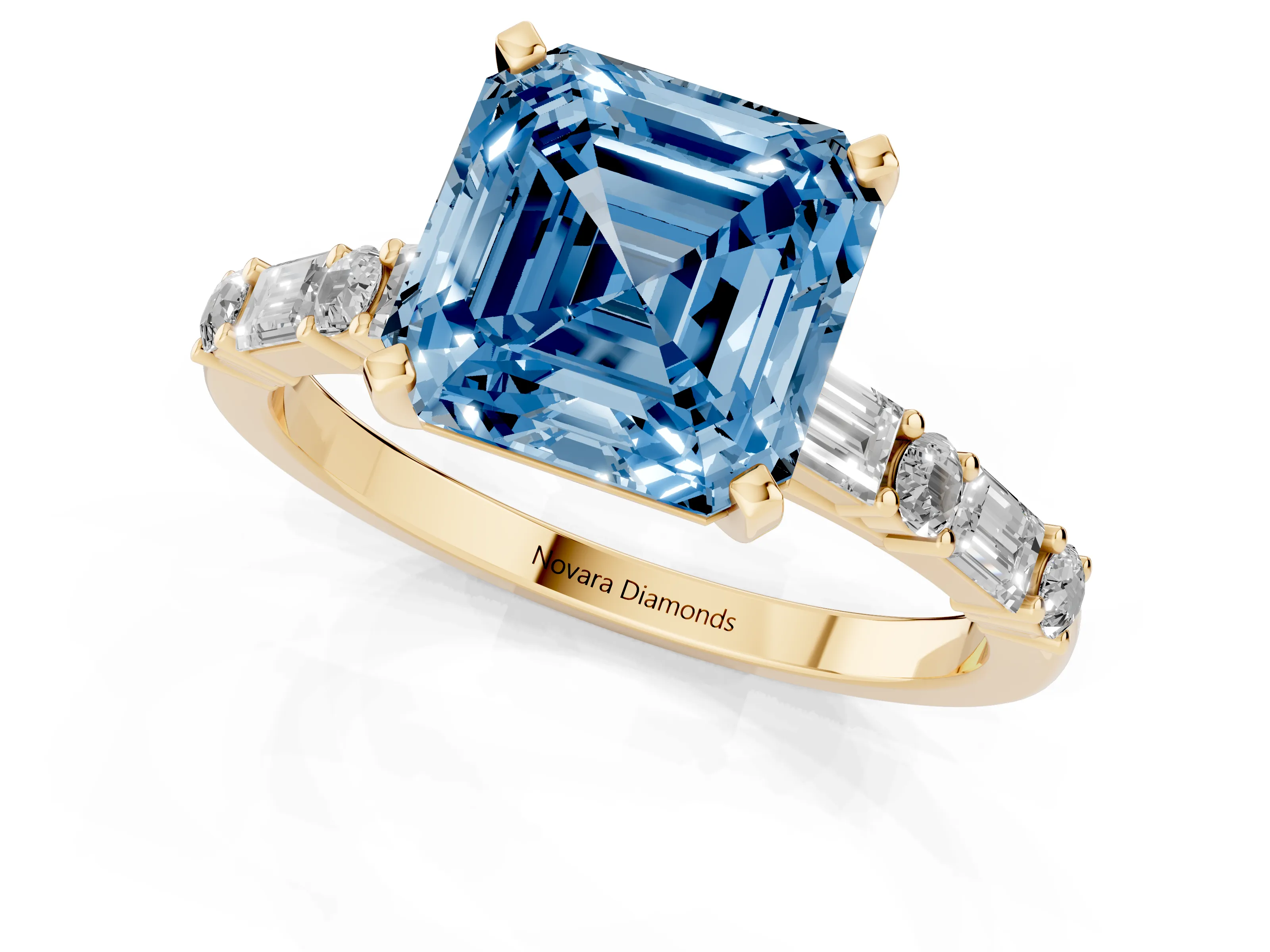 Fancy Blue Asscher Cut Diamond Solitaire Set in Yellow gold with Side Baguettes and Channel Set Band