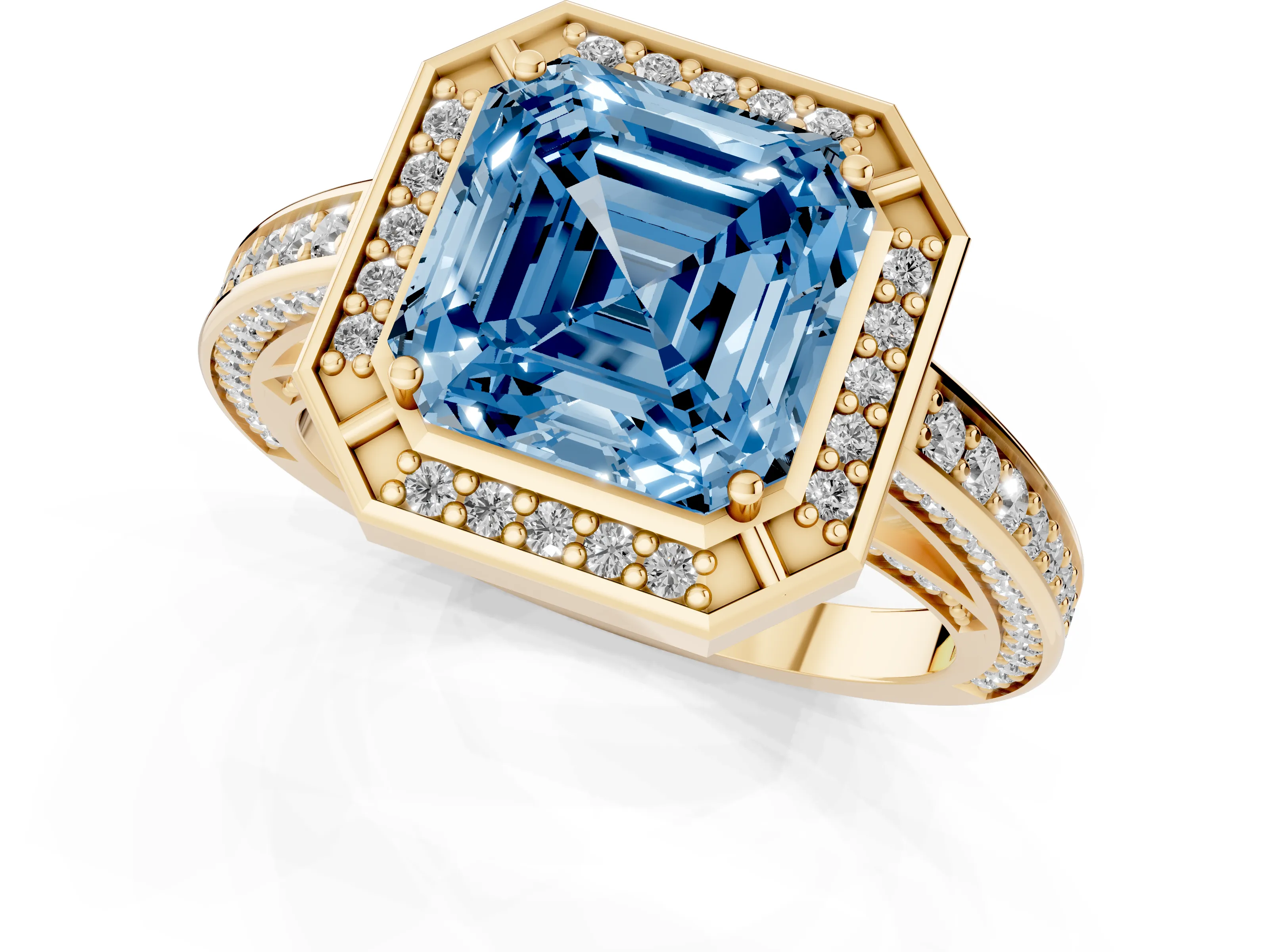 Fancy Blue Asscher Cut Diamond Halo Pavé Split Shank Ring Set in Yellow gold with Prong Setting