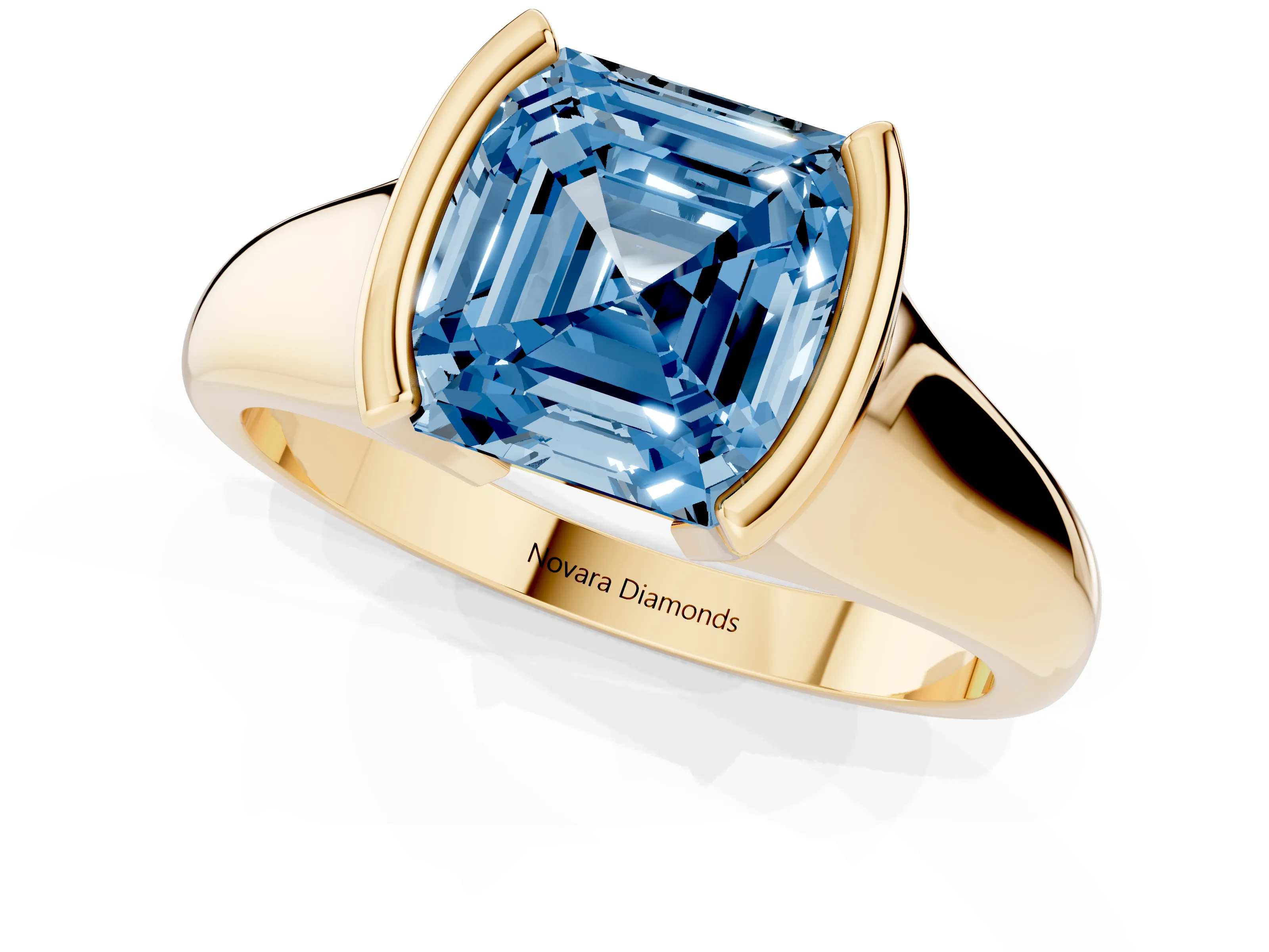 Fancy Blue Asscher Cut Diamond Solitaire Tension Set Ring Set in Yellow gold with Split Shank Band