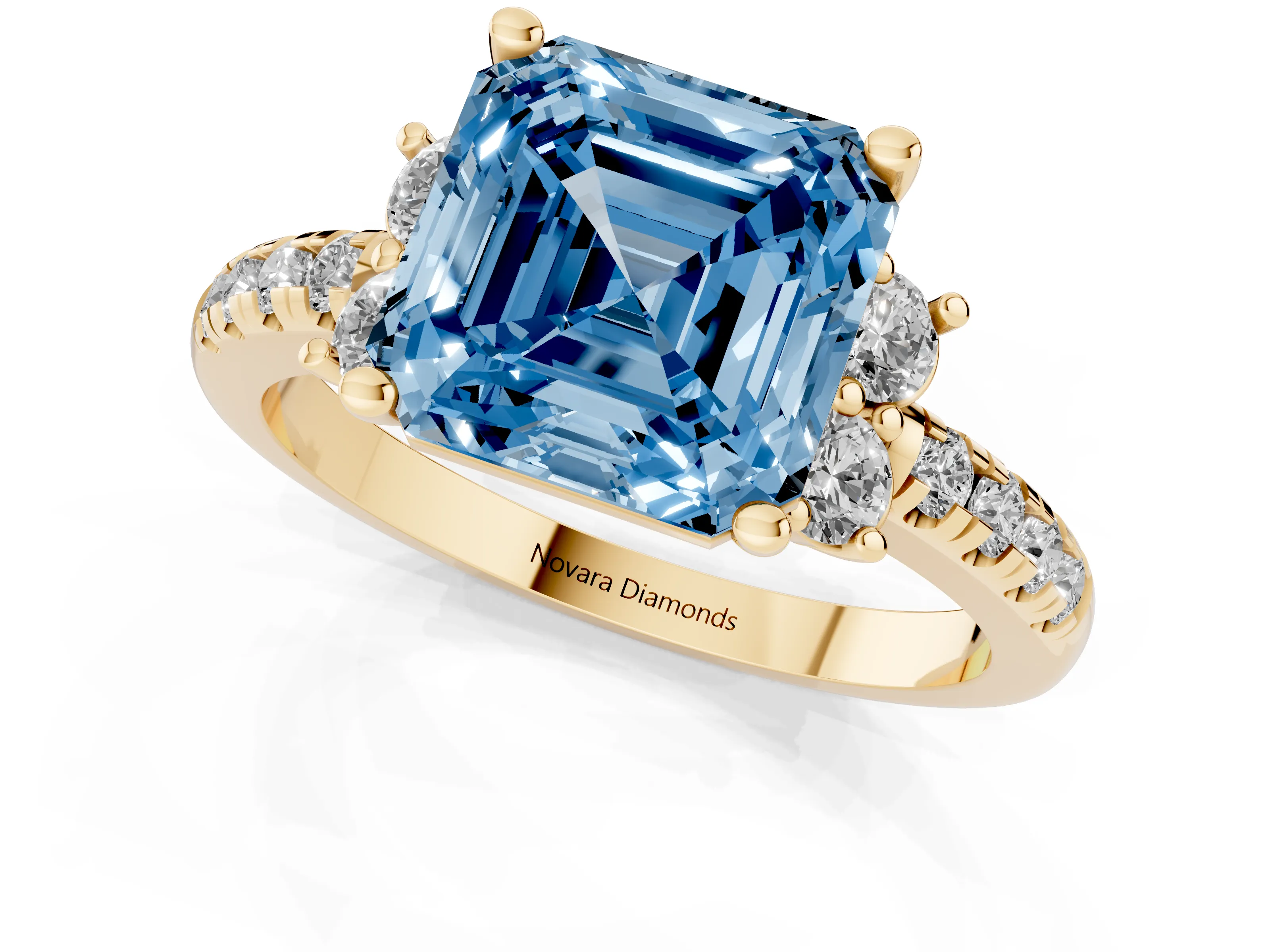 Fancy Blue Asscher Cut Diamond Three-Stone Pavé Ring Set in Yellow gold with Prong Setting