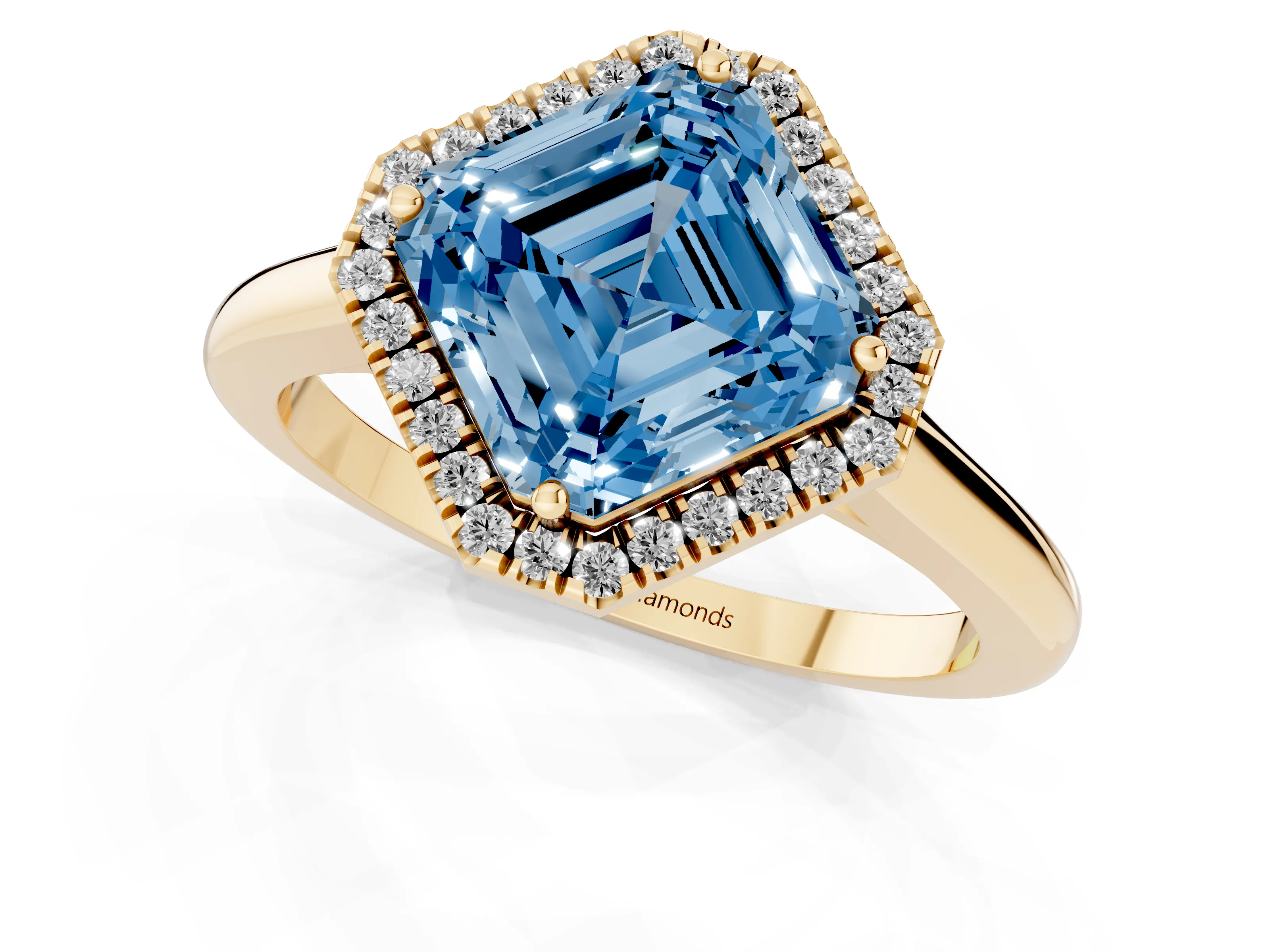 Fancy Blue Asscher Cut Diamond Halo Engagement Ring Set in Yellow gold with Pavé Band and Rising Shoulders