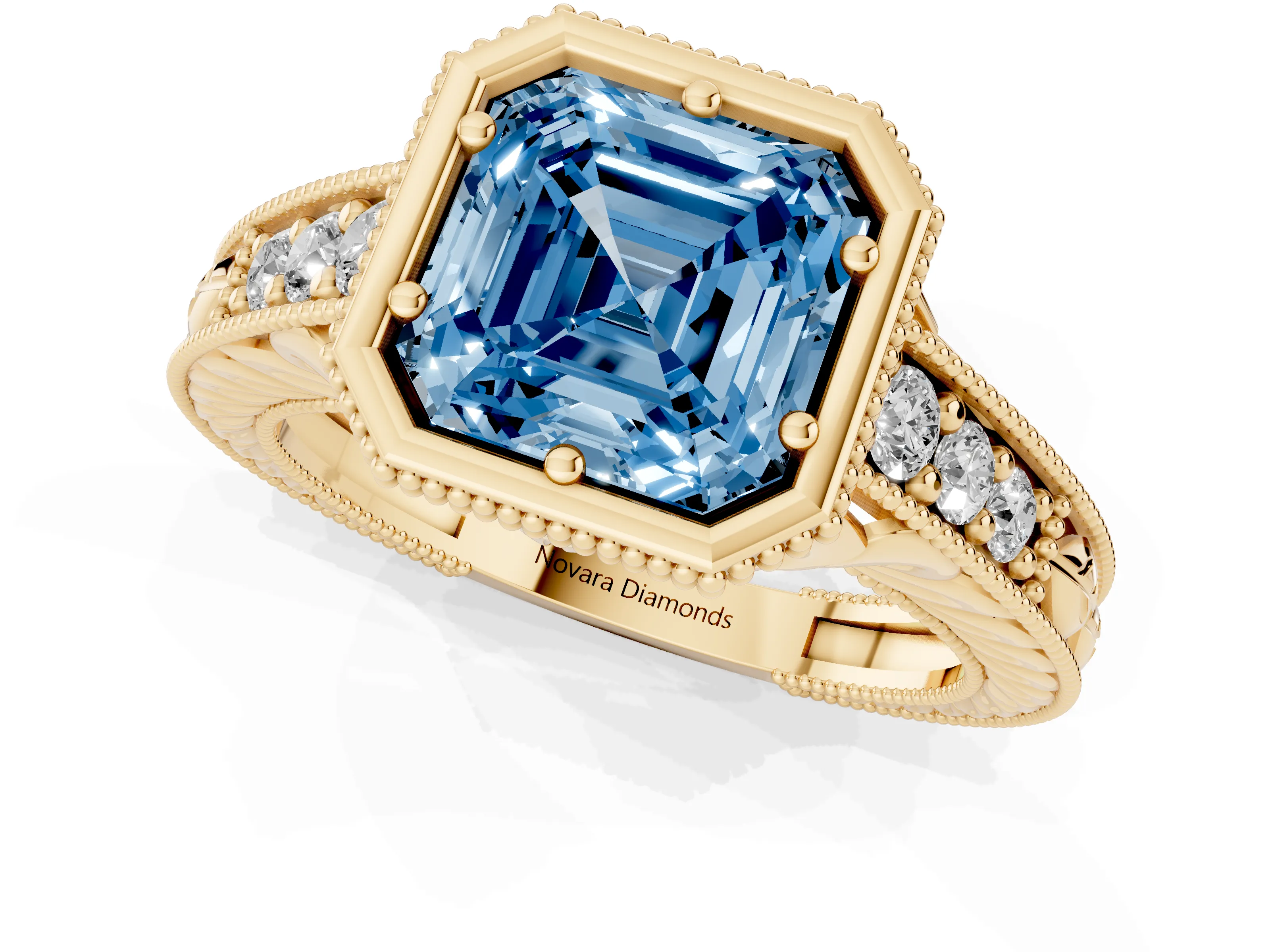 Fancy Blue Bezel Set Asscher Cut Diamond Milgrain Pavé Engagement Ring Set in Yellow gold