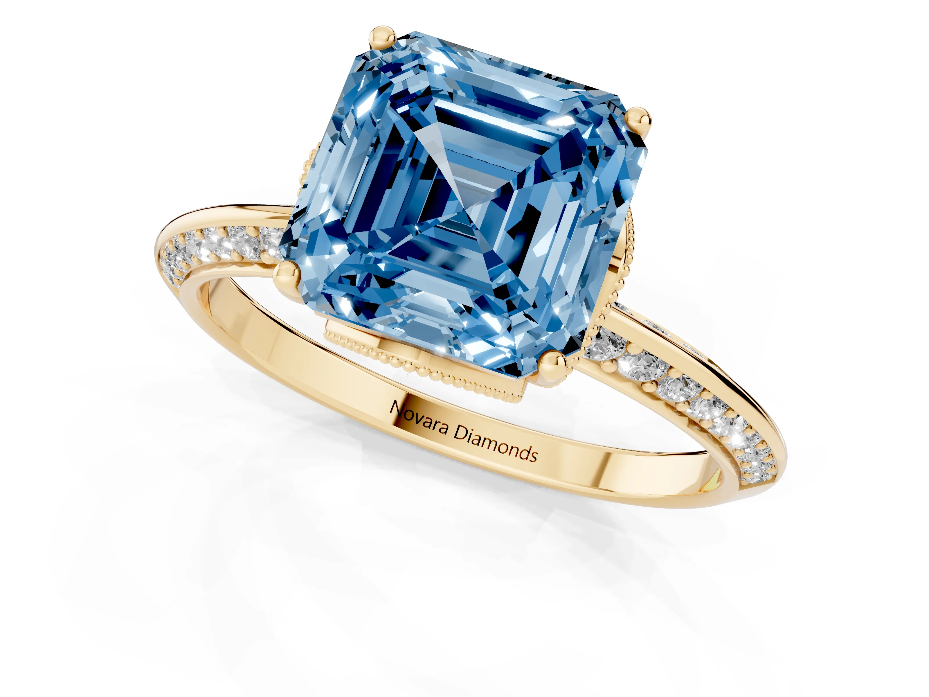 Fancy Blue Asscher Cut Diamond Solitaire Engagement Ring Set in Yellow gold with Pavé Split Shank and Prong Setting