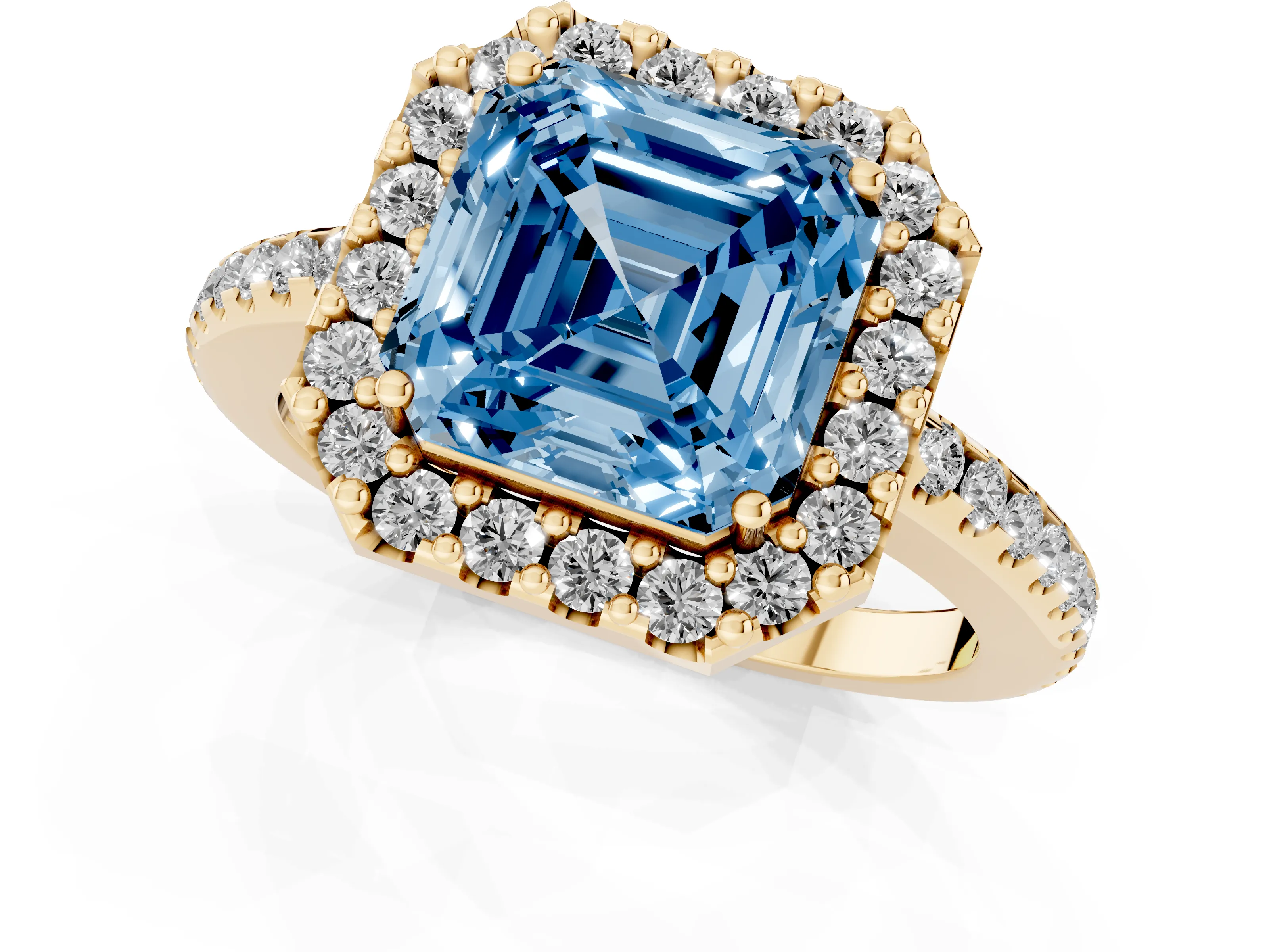 Fancy Blue Asscher Cut Diamond Pavé Halo Ring Set in Yellow gold with Prong Setting