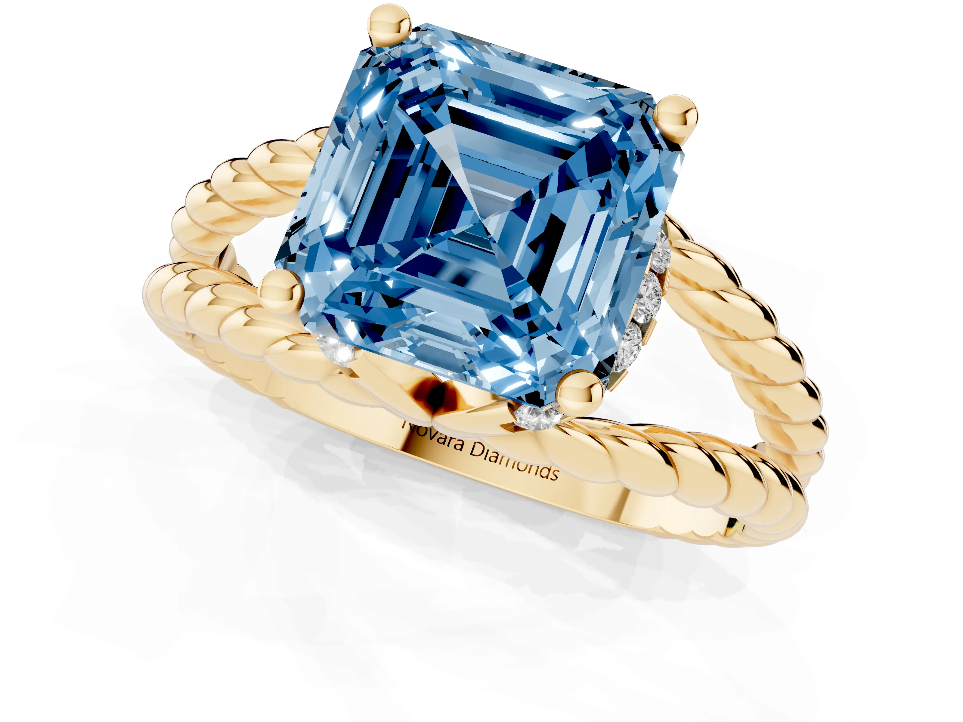 Fancy Blue Asscher Cut Diamond Halo Ring Set in Yellow gold with Twisted Band and Prong Setting