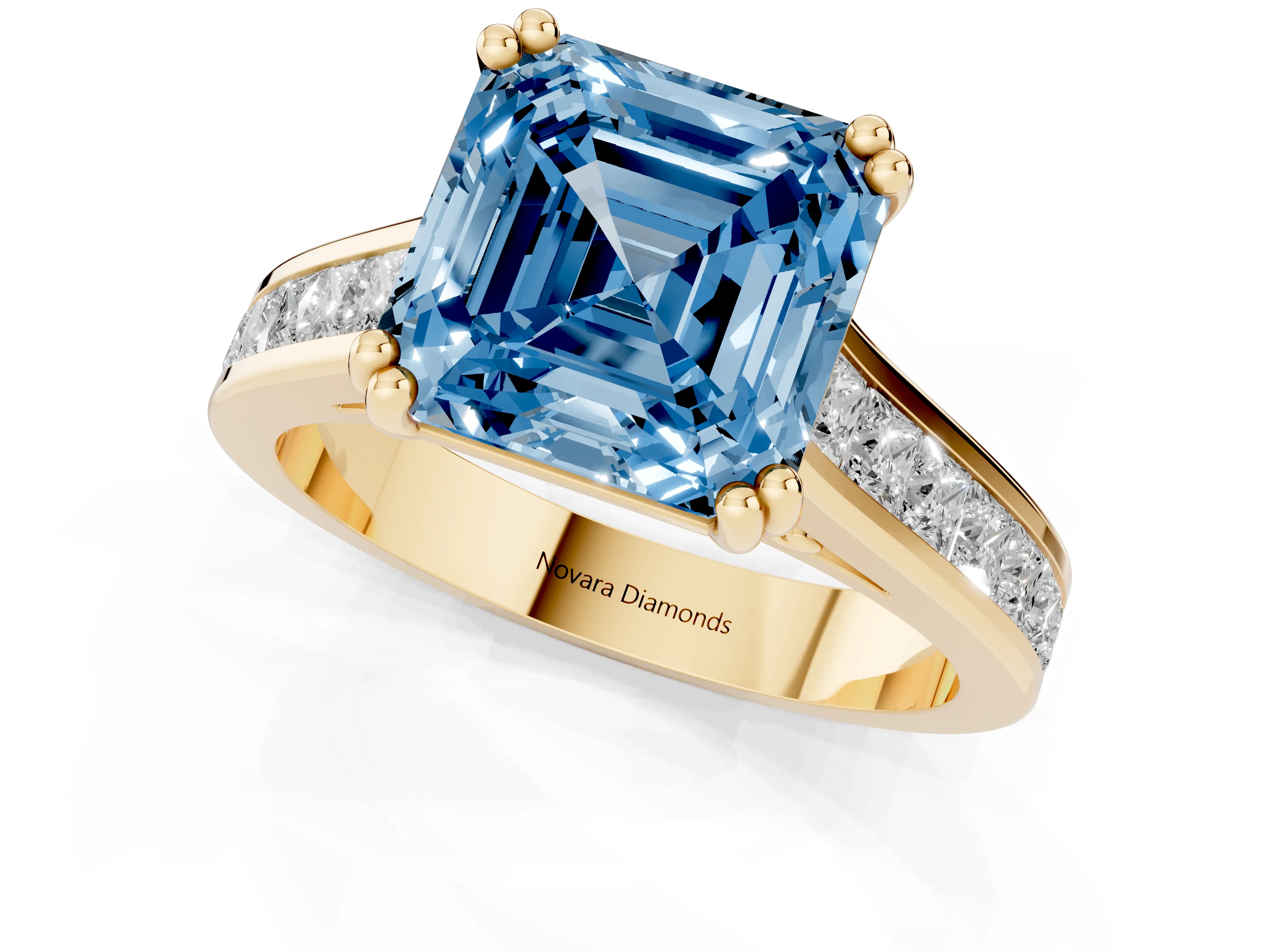 Fancy Blue Asscher Cut Diamond Channel Set Solitaire Engagement Ring Set in Yellow gold with Prong Setting