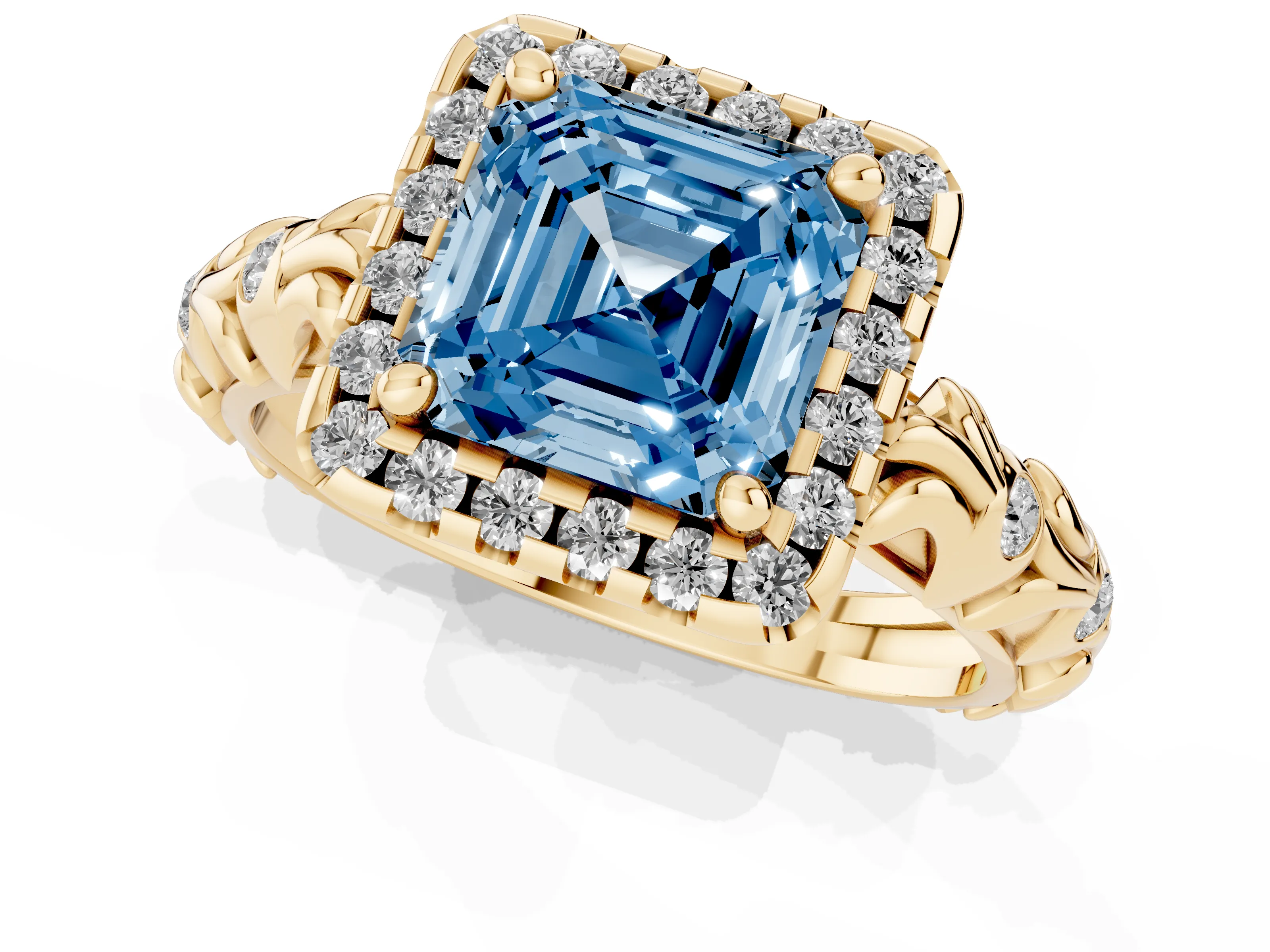 Fancy Blue Asscher Cut Diamond Halo Ring Set in Yellow gold with Filigree Leaf Band and Prong Setting