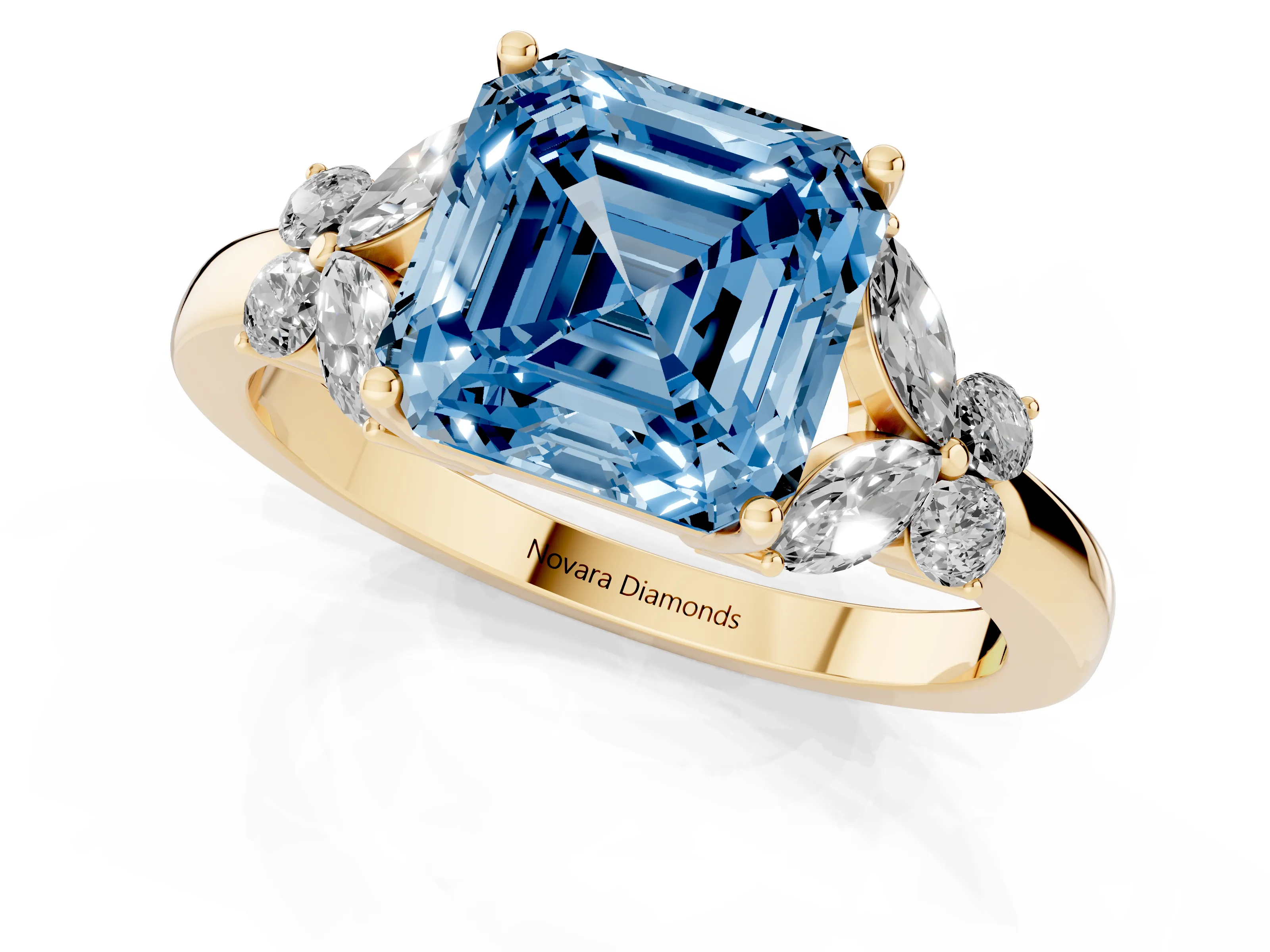 Fancy Blue Asscher Cut Diamond Solitaire Floral Ring Set in Yellow gold with Marquise Petals and Prong Setting