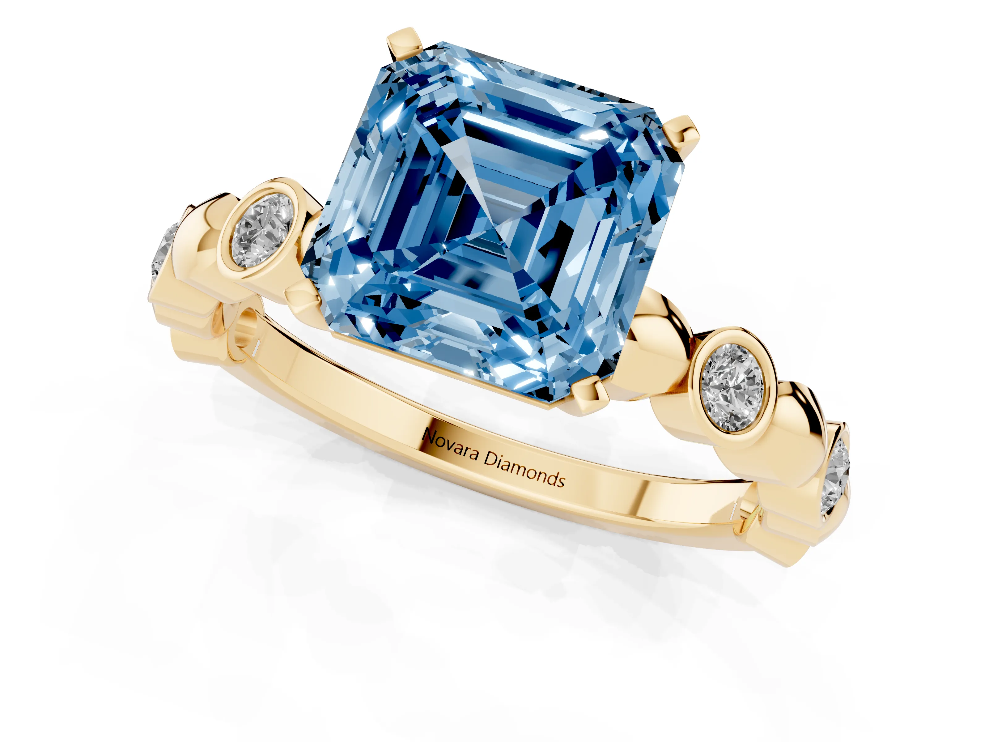 Fancy Blue Asscher Cut Diamond Solitaire Ring Set in Yellow gold with Bezel-Set Accents on Beaded Band and Prong Setting
