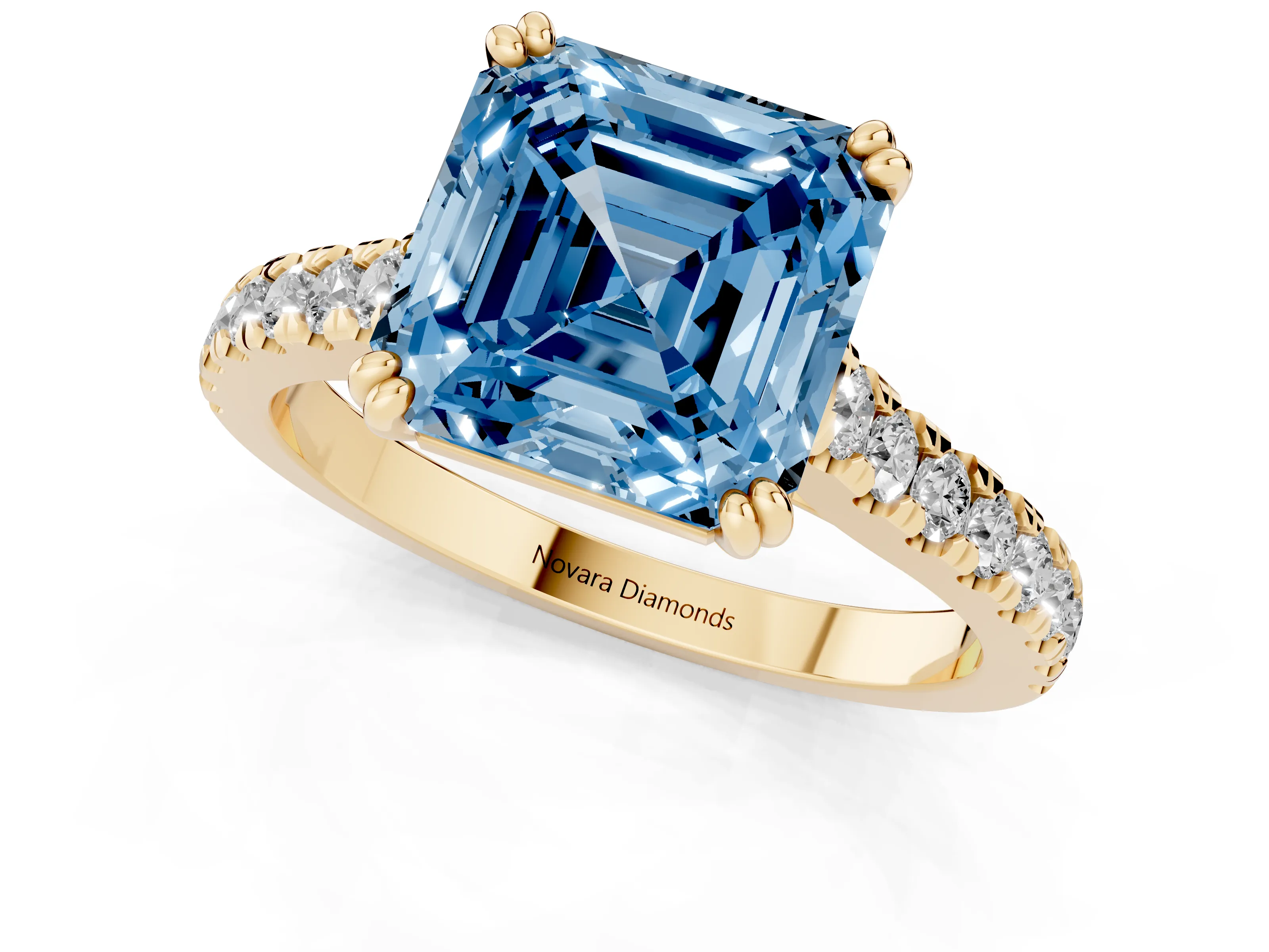 Fancy Blue Asscher Cut Diamond Solitaire Engagement Ring Set in Yellow gold with Pavé Accents and Prong Setting