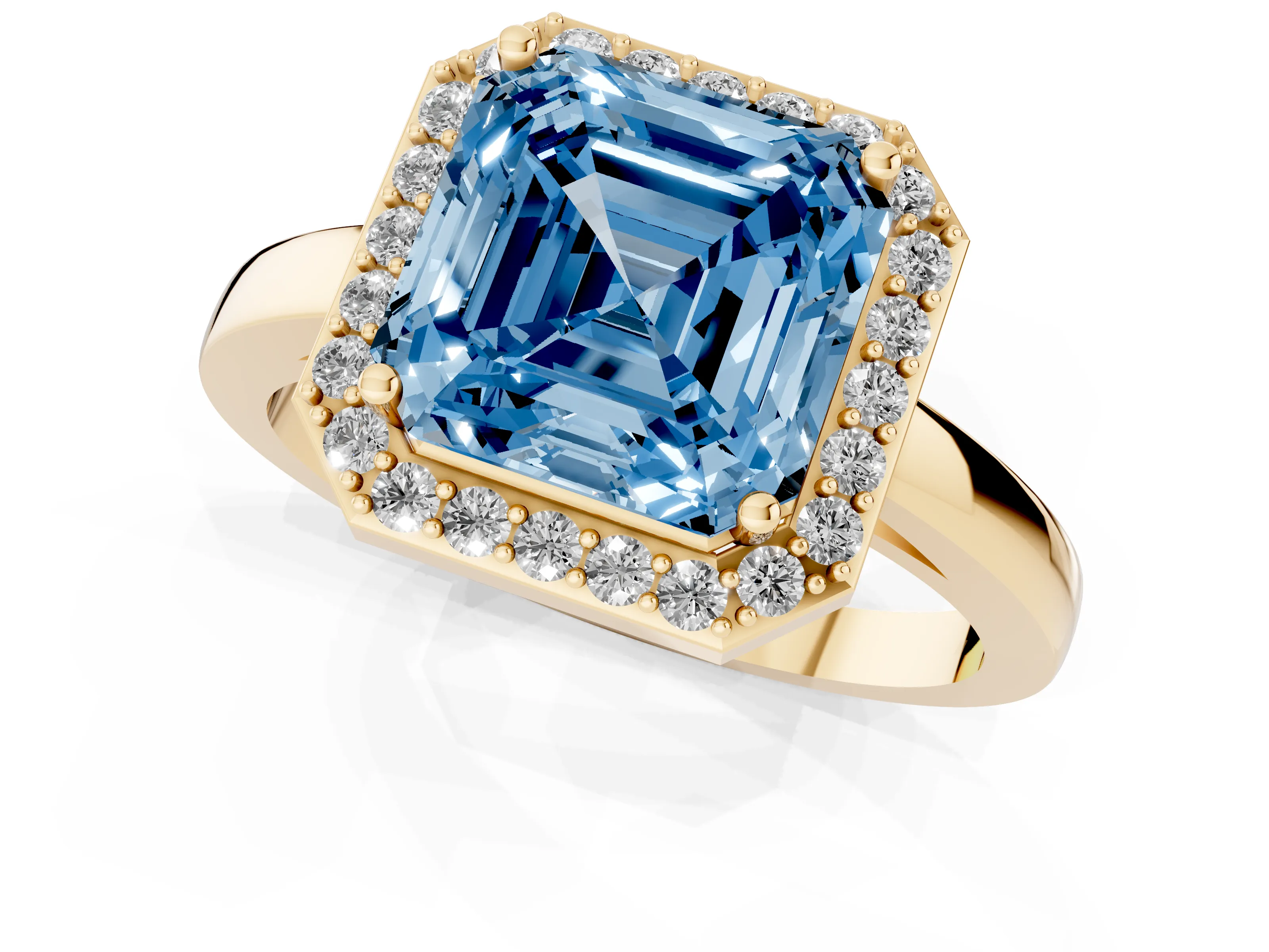 Fancy Blue Asscher Cut Diamond Halo Ring Set in Yellow gold with Solitaire Band and Prong Setting