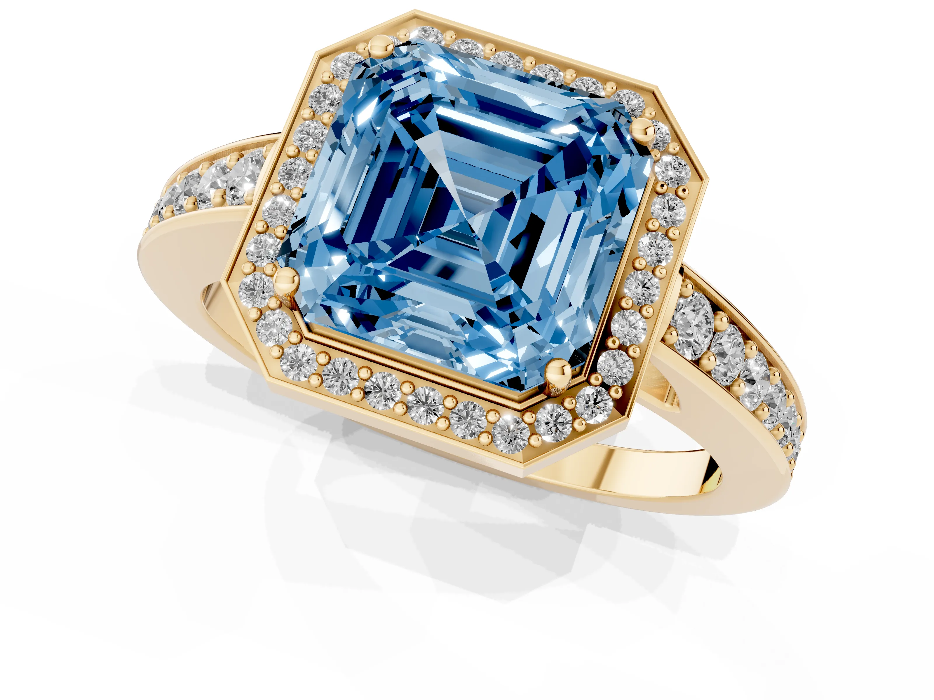 Fancy Blue Asscher Cut Diamond Halo Pavé Engagement Ring Set in Yellow gold with Bezel Setting