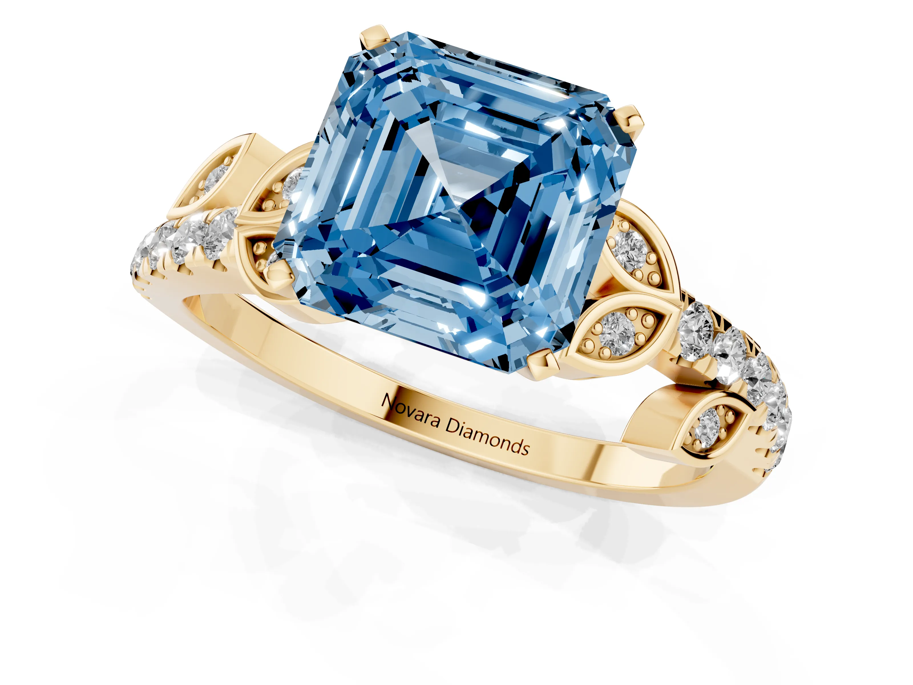 Fancy Blue Asscher Cut Diamond Solitaire Leaf-Inspired Ring Set in Yellow gold with Pavé Band and Prong Setting
