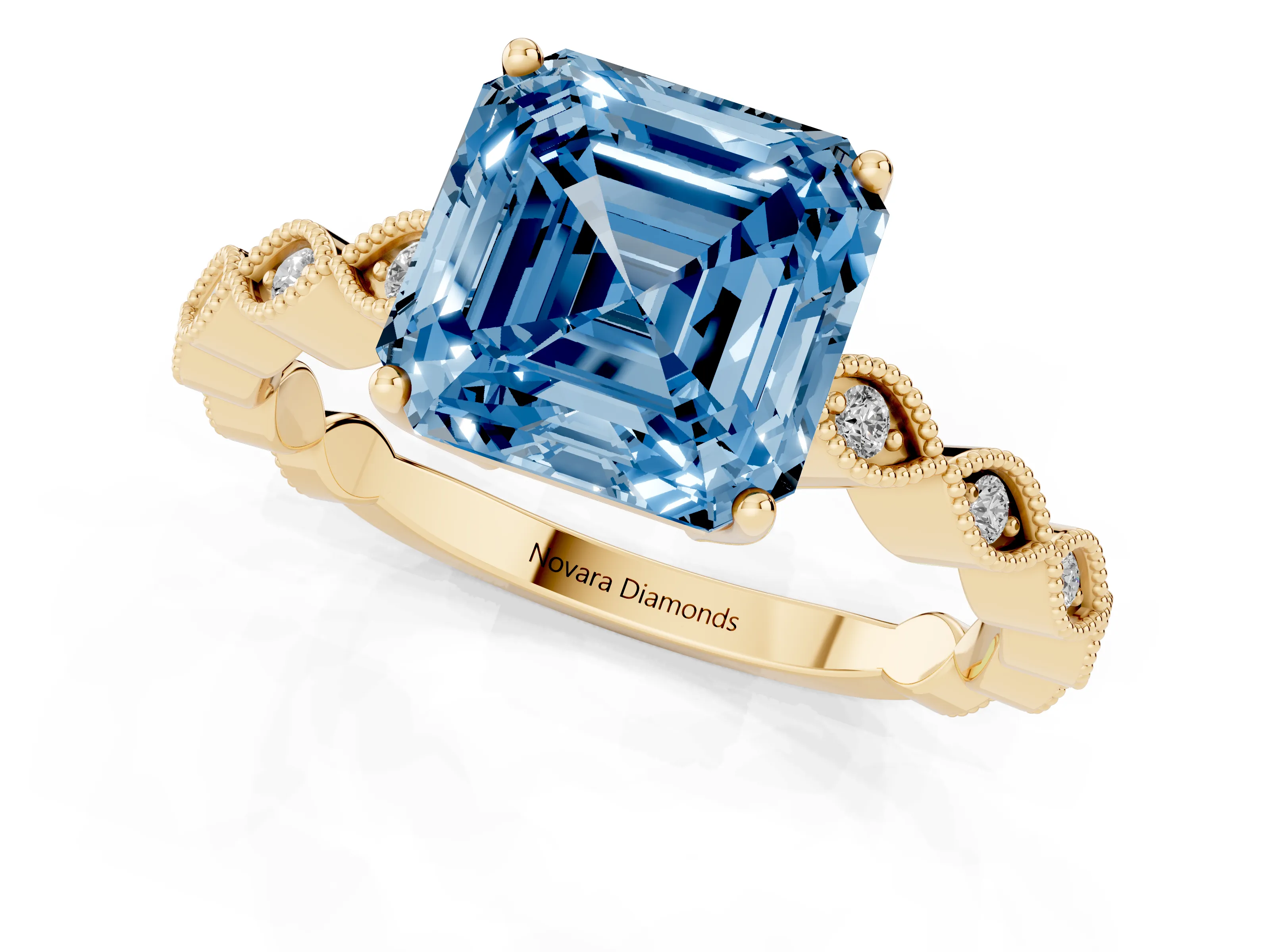 Fancy Blue Asscher Cut Diamond Solitaire Ring Set in Yellow gold with Infinity Twist Pavé Band