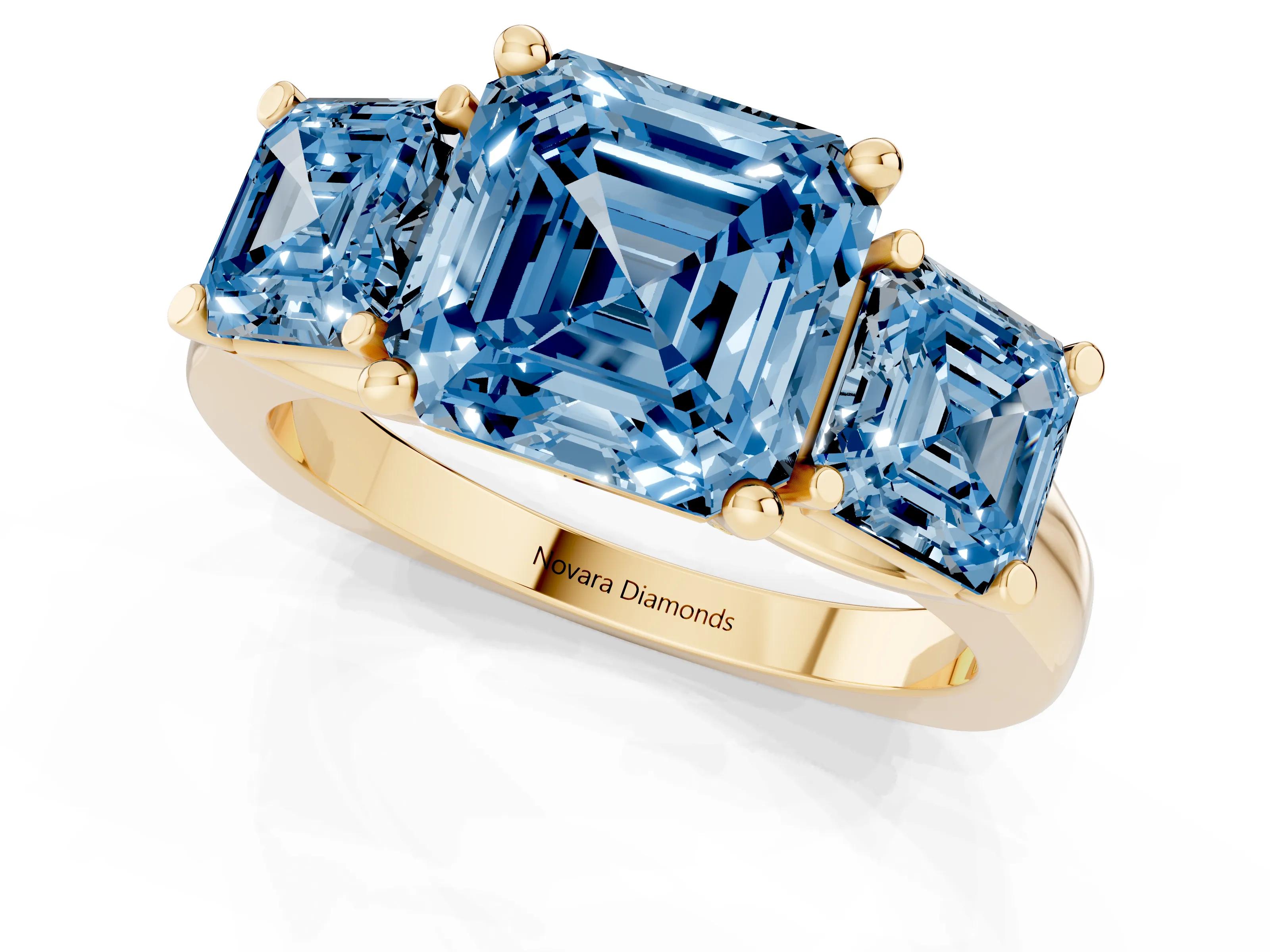 Fancy Blue Asscher Cut Diamond Three-Stone Trellis Ring Set in Yellow gold with Comfort Fit Band