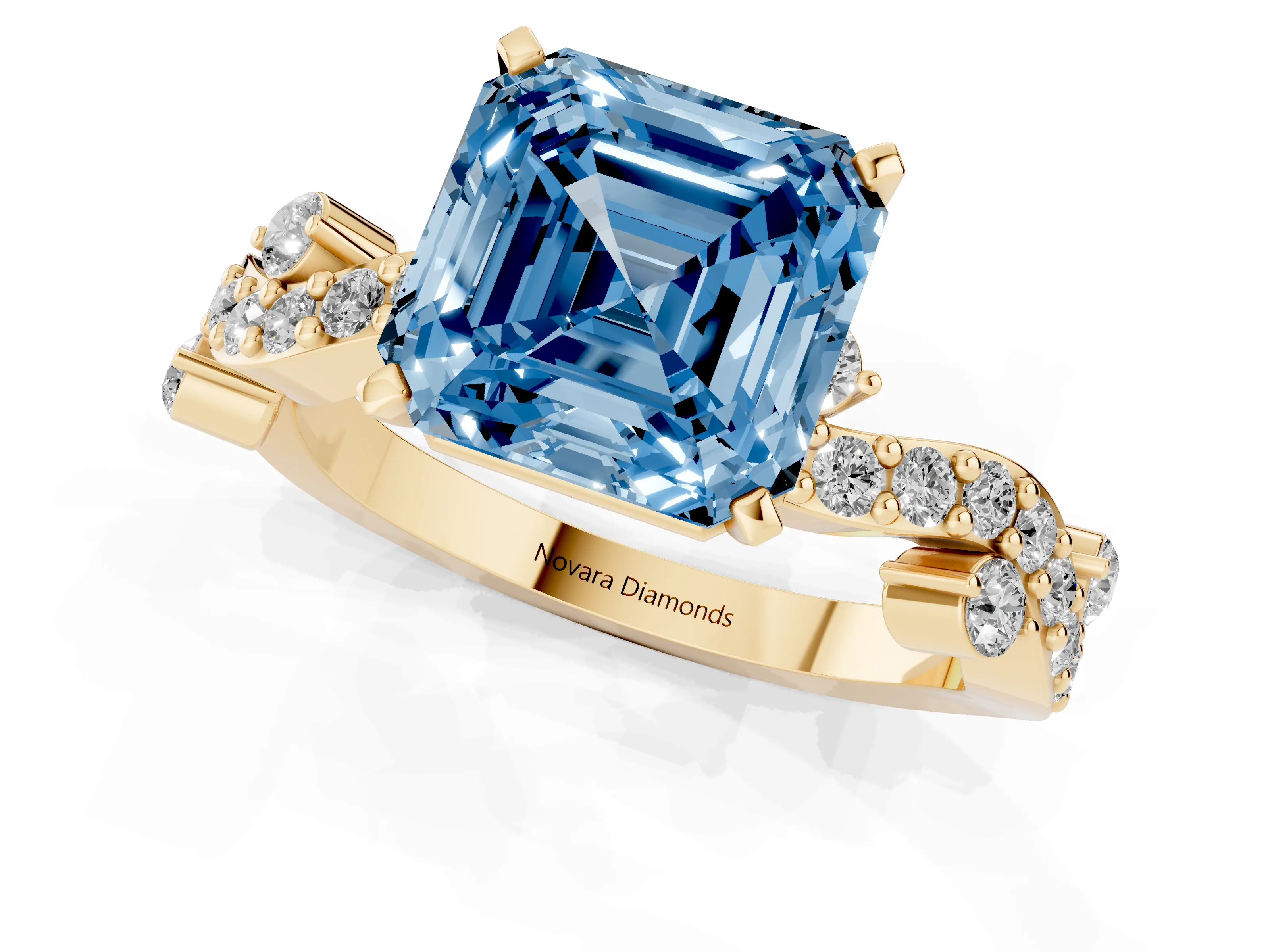 Fancy Blue Asscher Cut Diamond Solitaire Twisted Band Set in Yellow gold with Pavé Setting