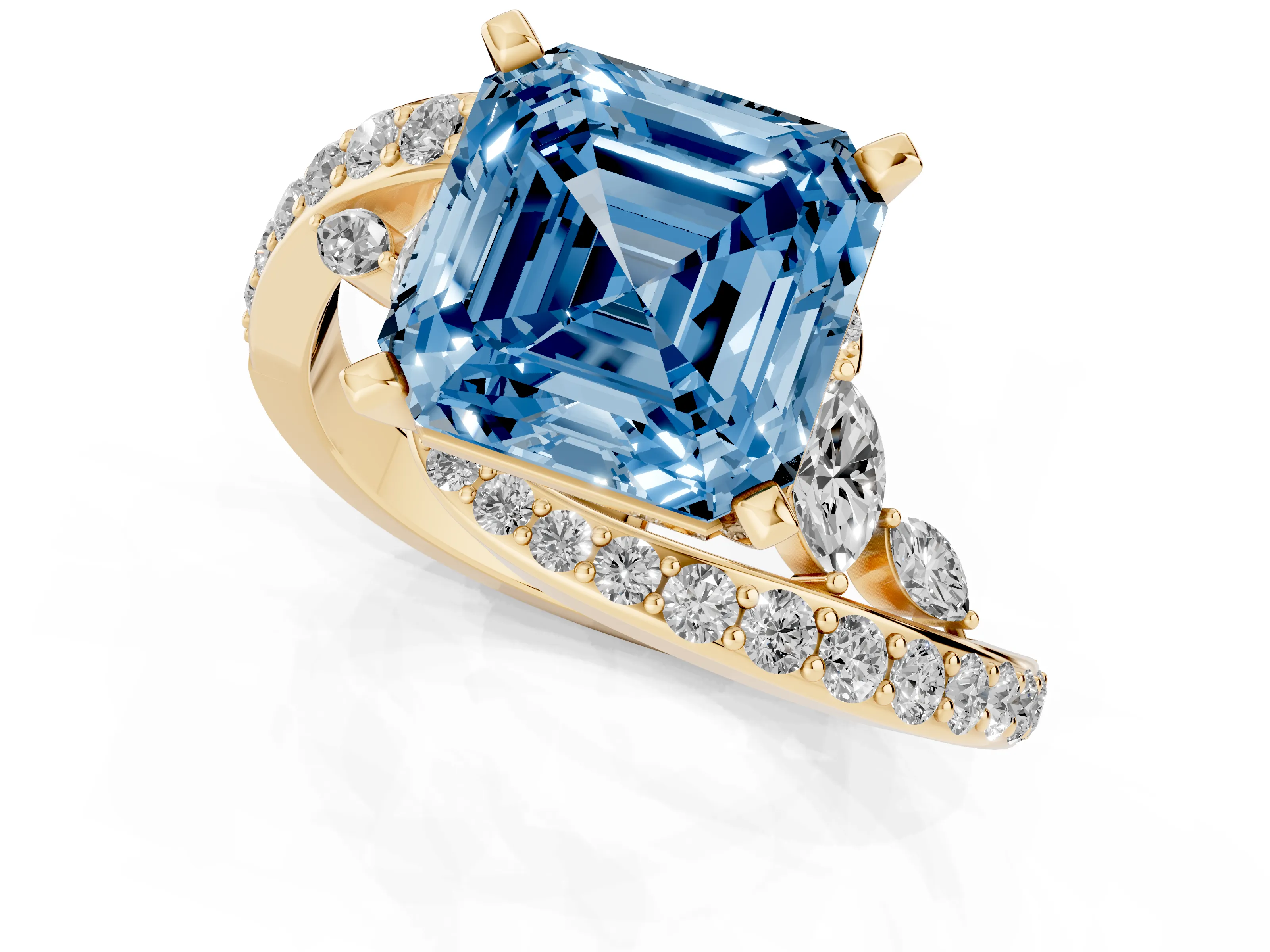 Fancy Blue Asscher Cut Diamond Solitaire Ring Set in Yellow gold with Pavé Twist Band and Secure Prong Setting