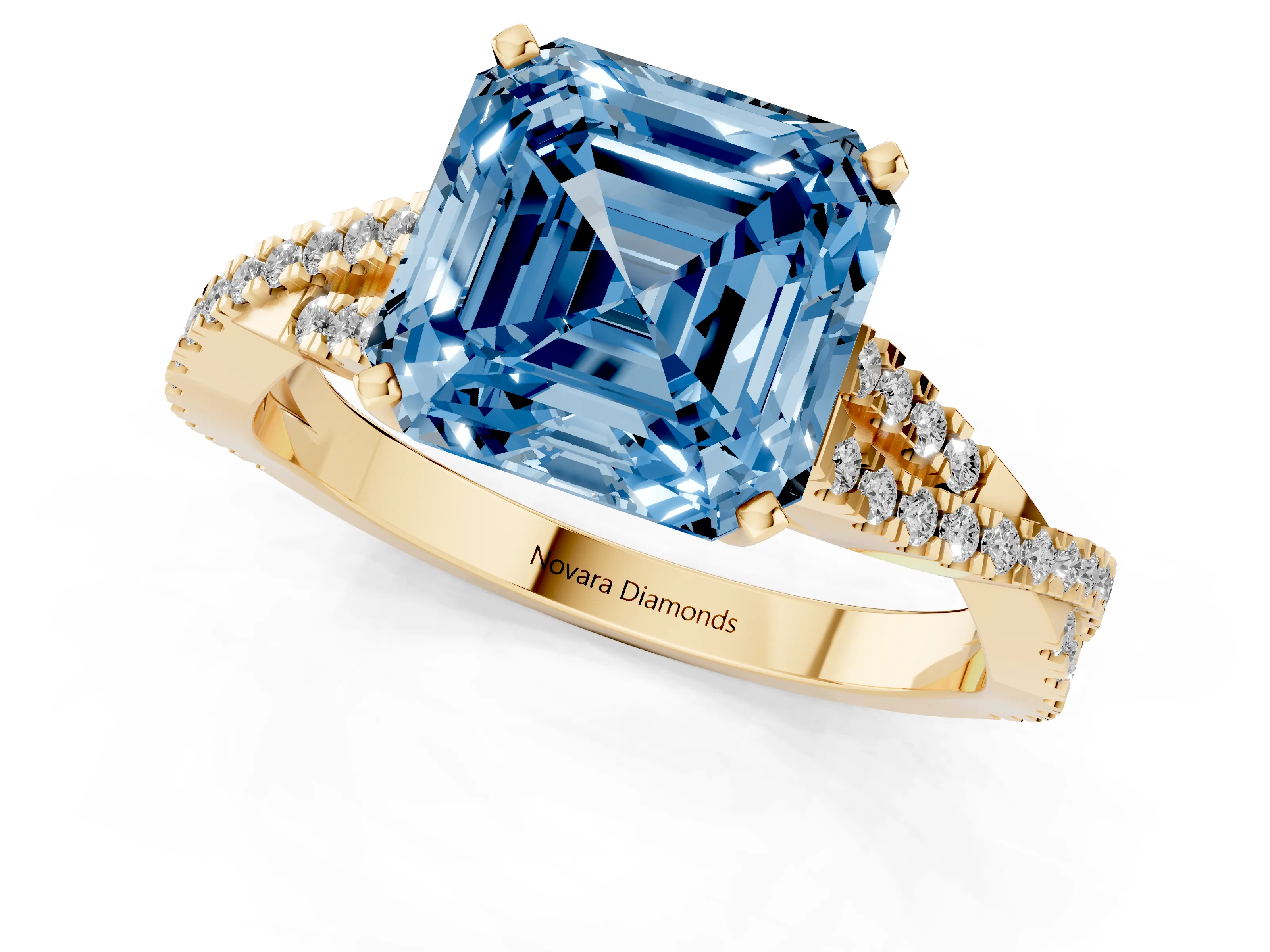 Fancy Blue Asscher Cut Diamond Solitaire Engagement Ring Set in Yellow gold with Twisted Pavé Band and Prong Setting