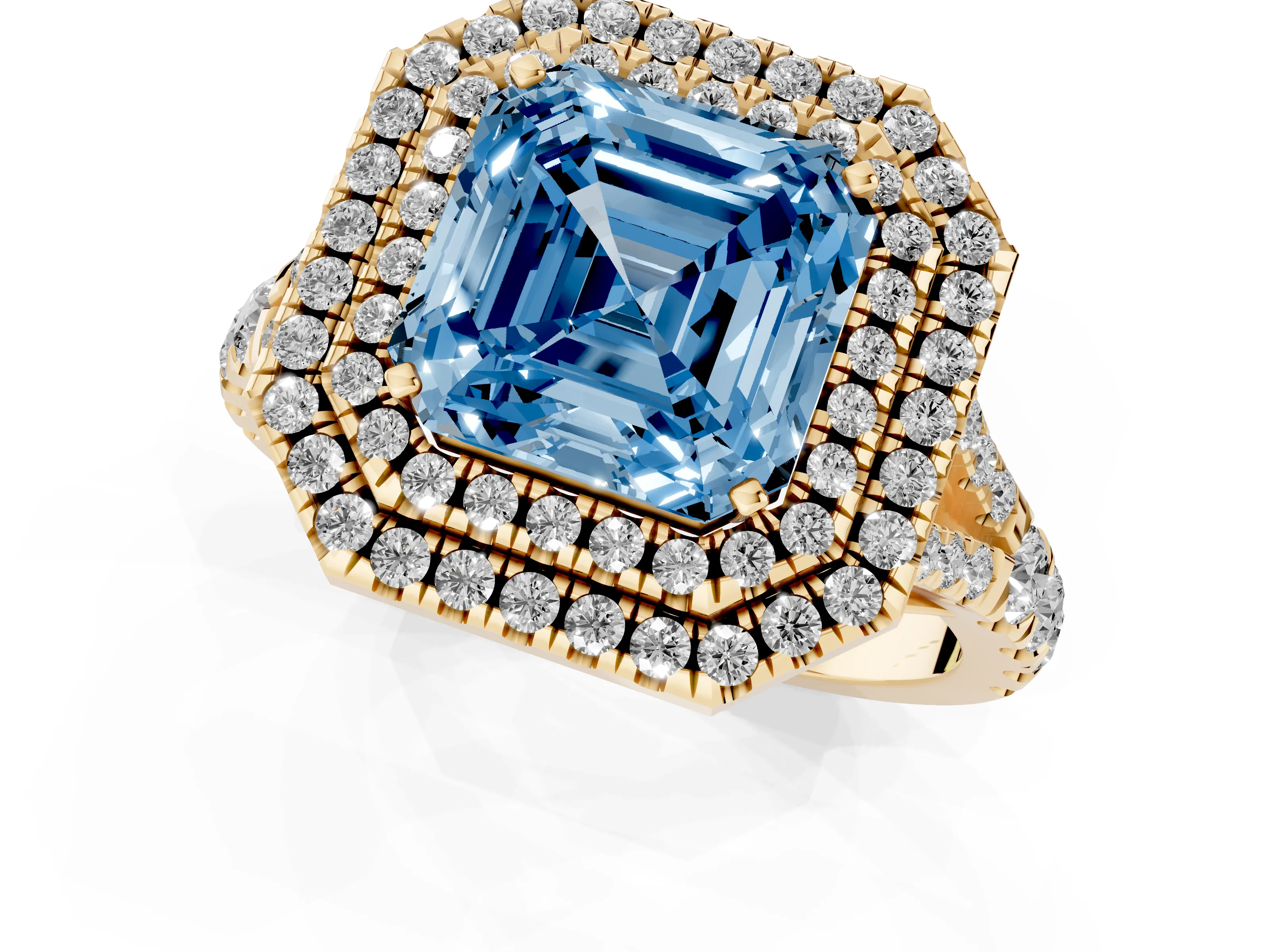 Fancy Blue Asscher Cut Diamond Pavé Split Shank Double Halo Engagement Ring Set in Yellow gold