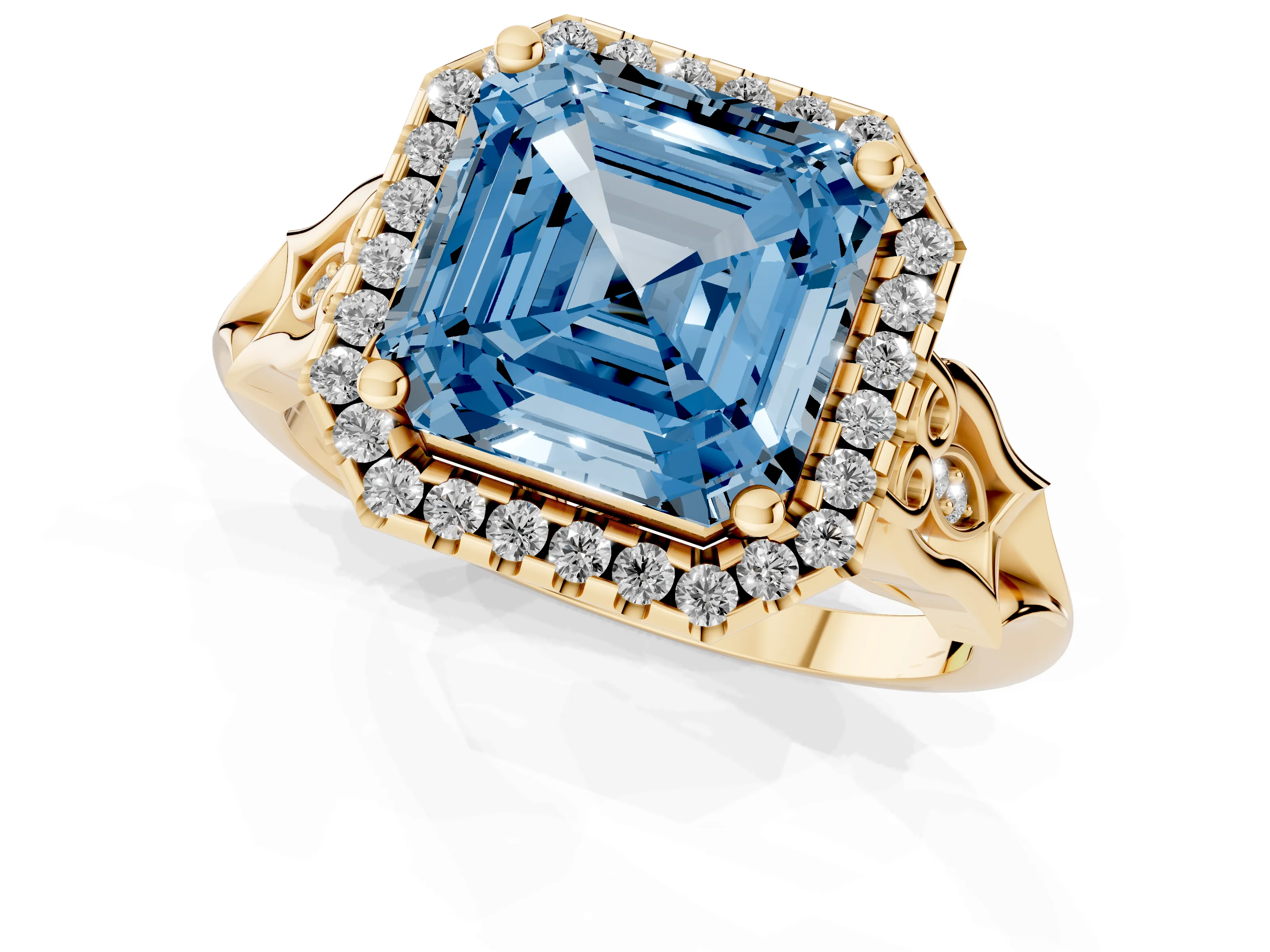 Fancy Blue Asscher Cut Diamond Halo Engagement Ring Set in Yellow gold with Filigree Band and Prong-Set Center