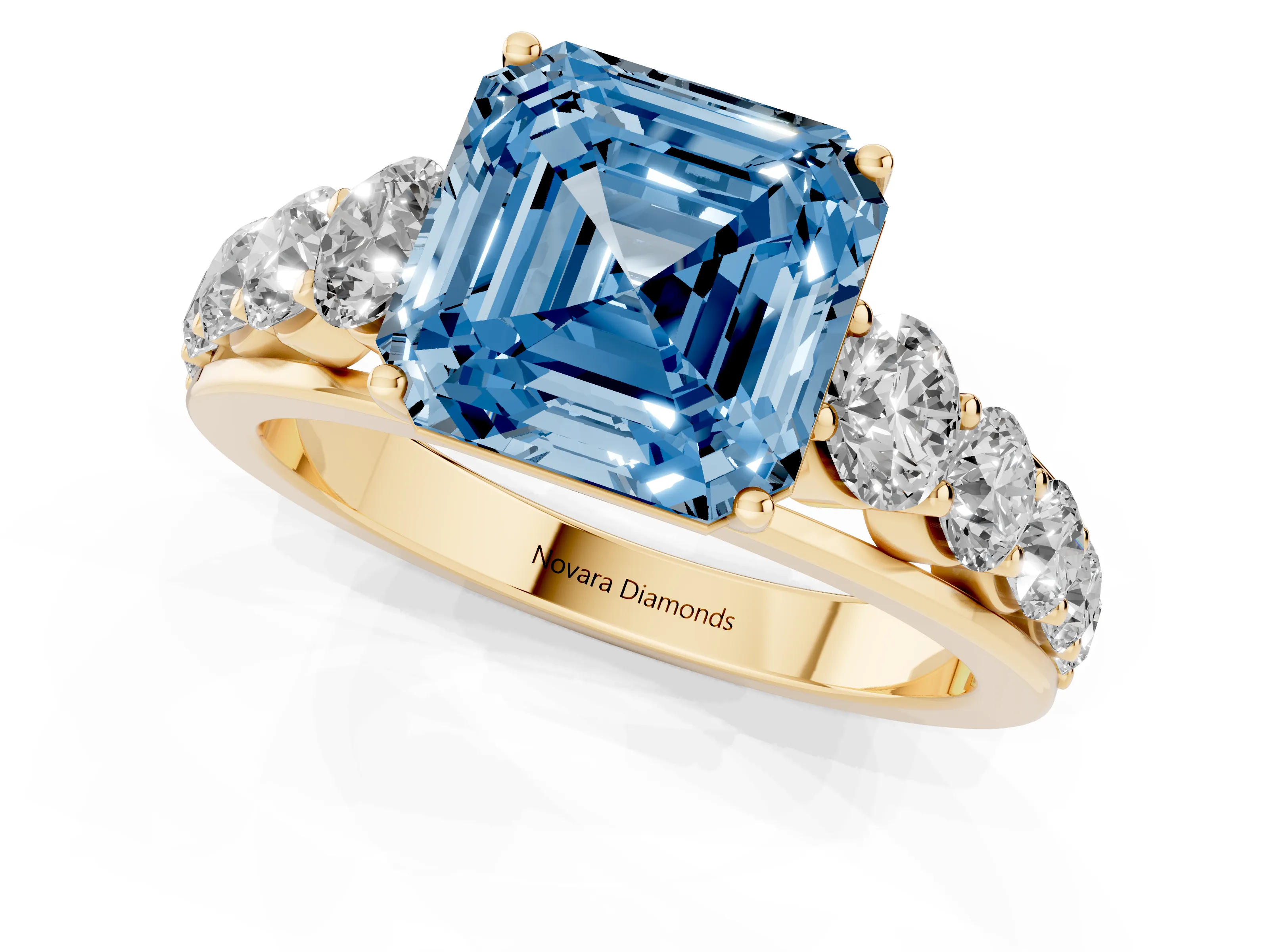 Fancy Blue Asscher Cut Diamond Solitaire Ring Set in Yellow gold with Pavé-Set Band and Prong Setting
