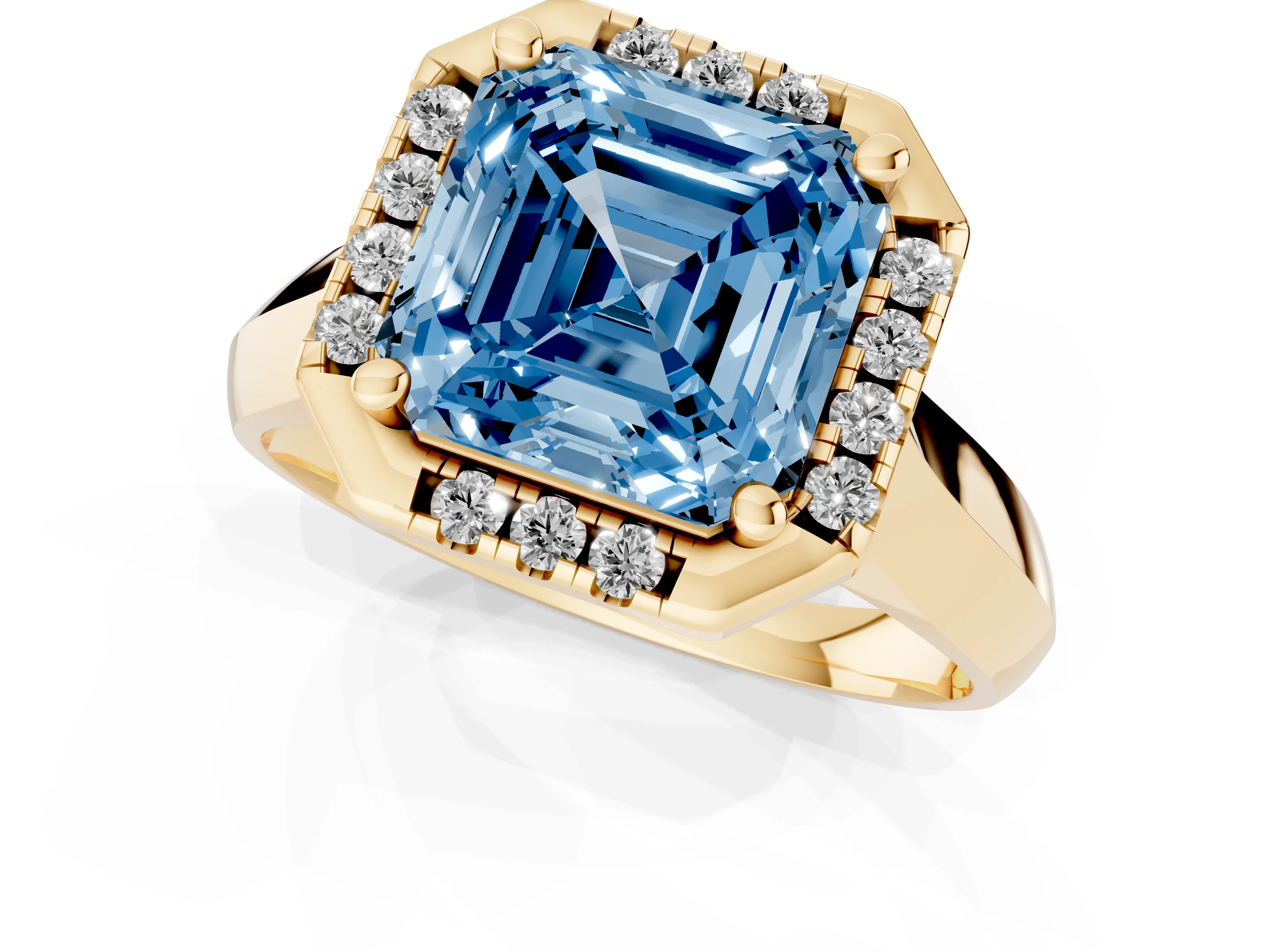 Fancy Blue Asscher Cut Diamond Halo Solitaire Engagement Ring Set in Yellow gold with Square Band and Prong Setting