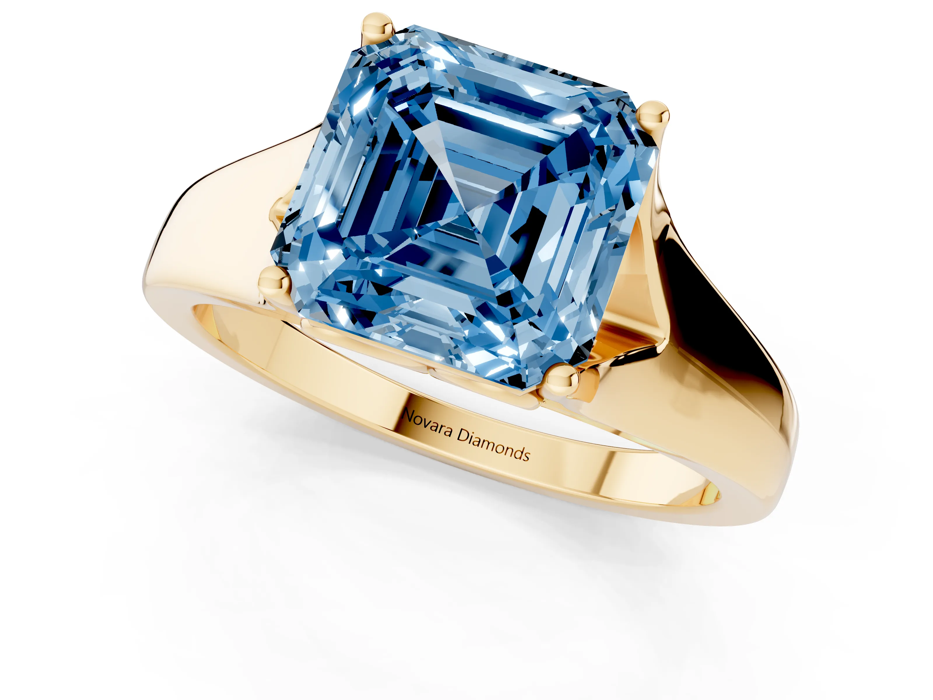 Fancy Blue Asscher Cut Diamond Solitaire Ring Set in Yellow gold with Arched Cathedral Band and Prong Setting