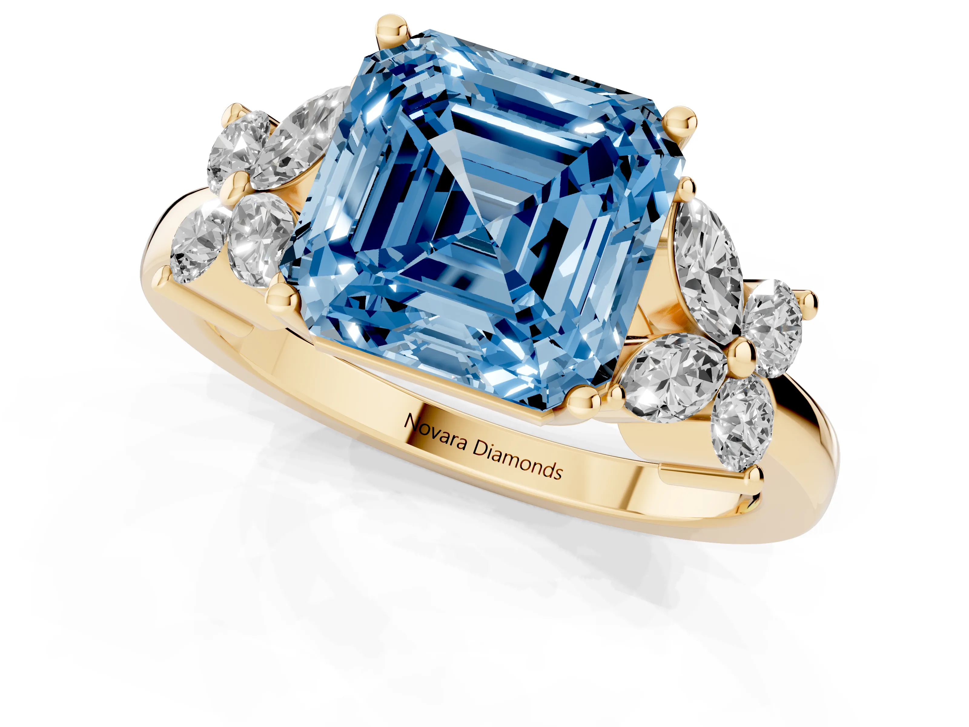 Fancy Blue Asscher Cut Diamond Floral Cluster Ring Set in Yellow gold with Marquise Petals and Prong Setting