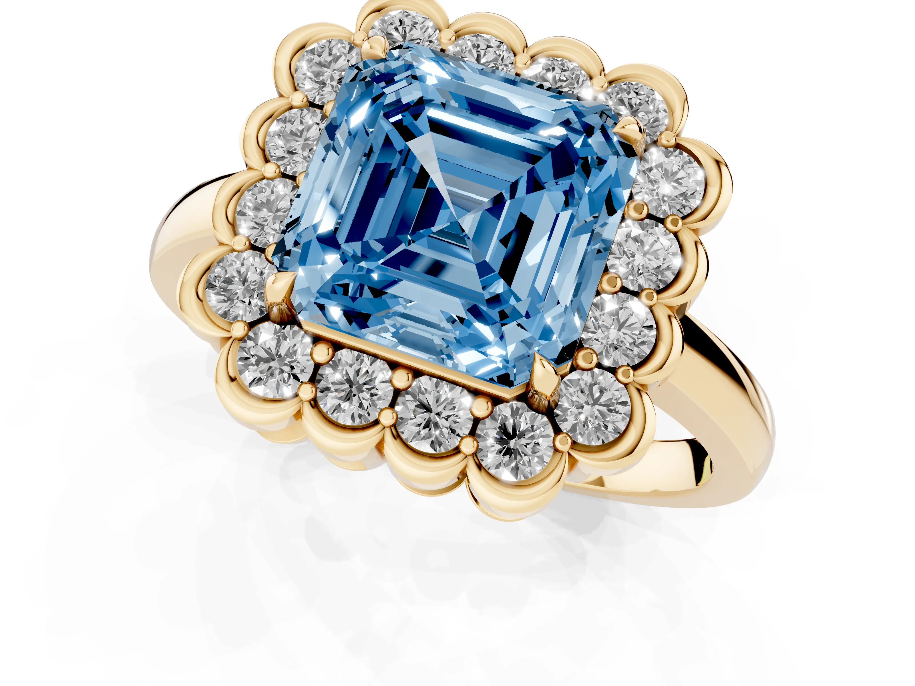 Fancy Blue Asscher Cut Diamond Halo Cluster Engagement Ring Set in Yellow gold with Solitaire Band and Prong Setting