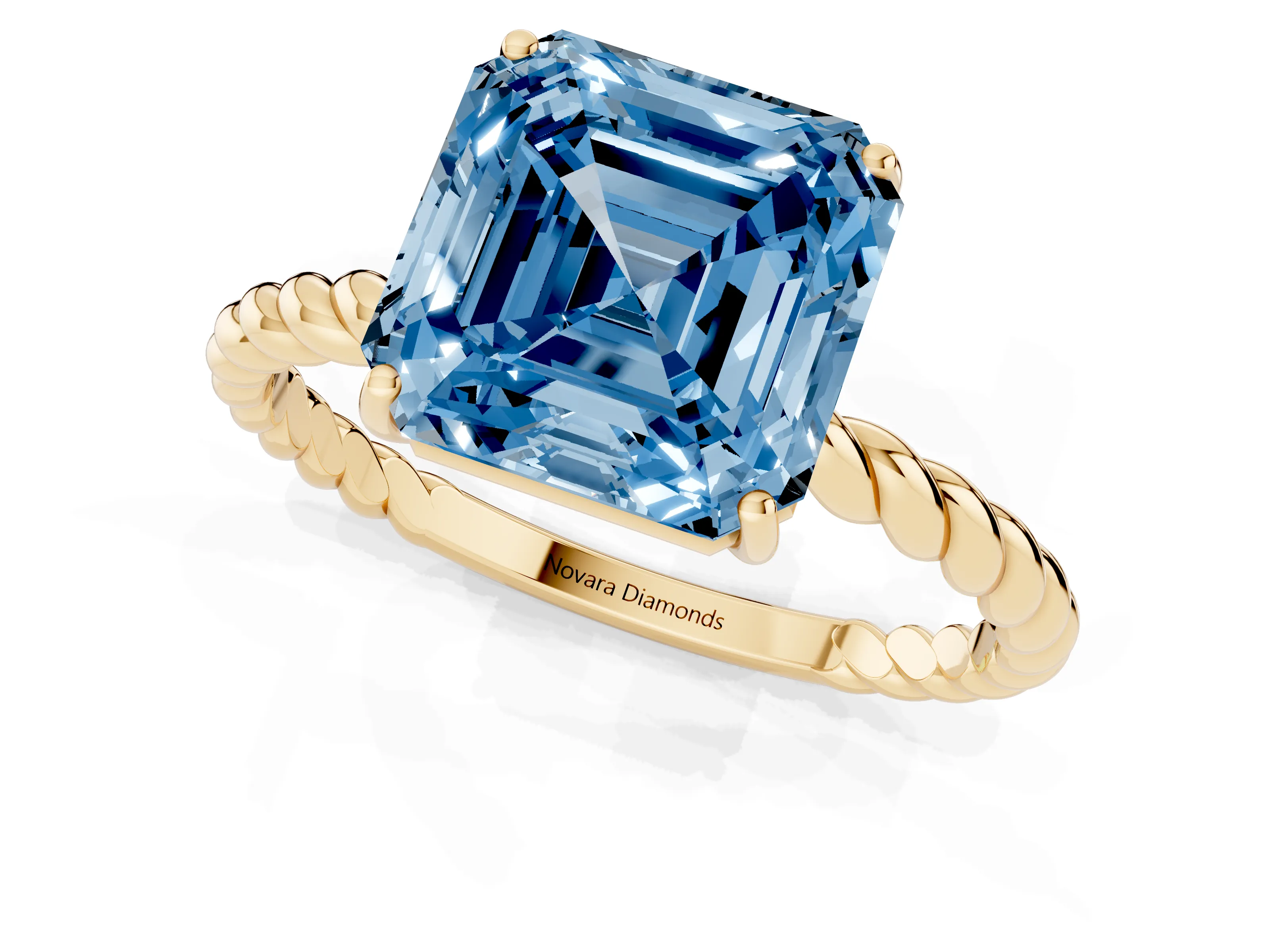 Fancy Blue Asscher Cut Diamond Solitaire Ring Set in Yellow gold with Twist Band and Prong Setting