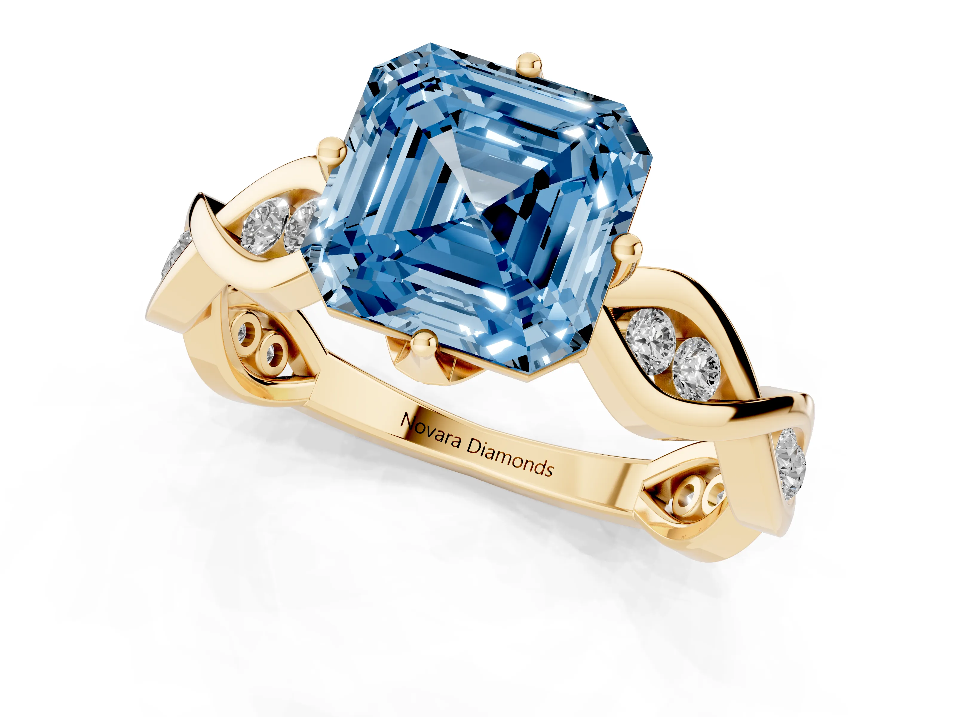 Fancy Blue Asscher Cut Diamond Twist Band Solitaire Ring Set in Yellow gold with Leaf Prong Setting and Accent Stones