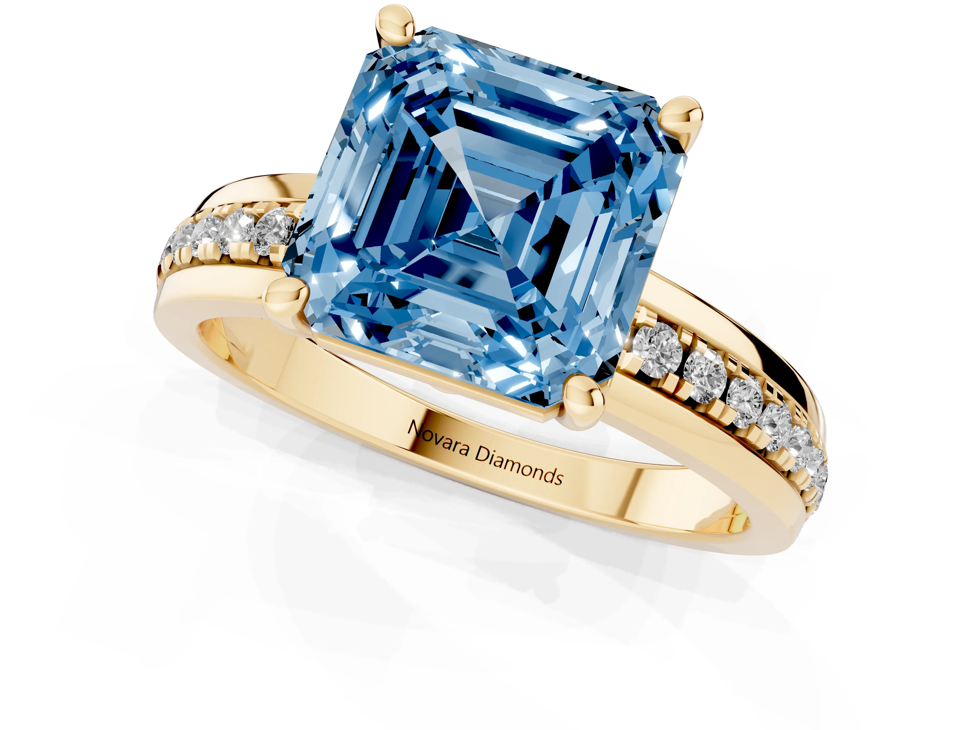 Fancy Blue Asscher Cut Diamond Solitaire Ring Set in Yellow gold with Channel Set Band and Prong Setting