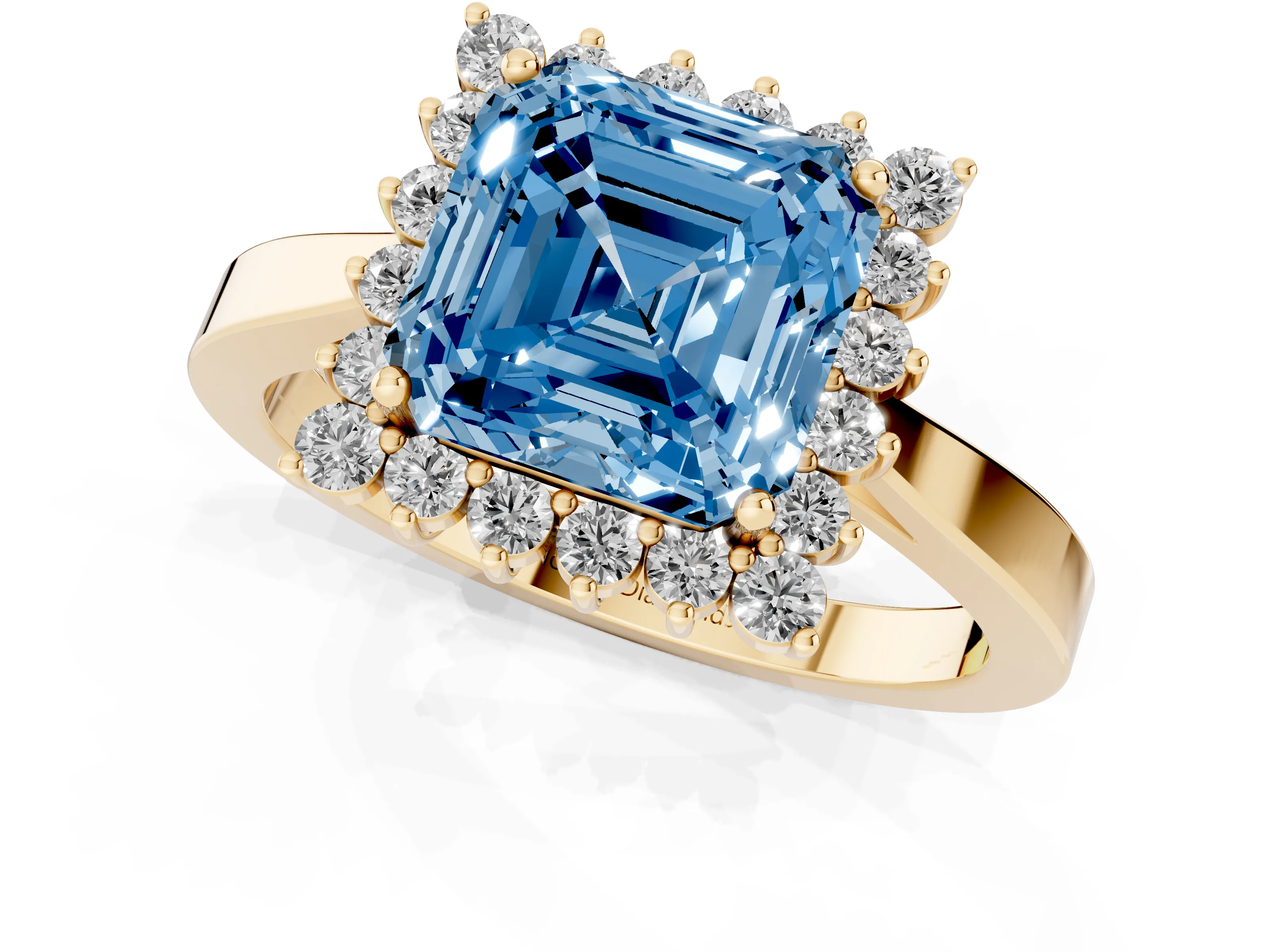 Fancy Blue Asscher Cut Diamond Halo Ring Set in Yellow gold with Round Halo and Smooth Solitaire Band