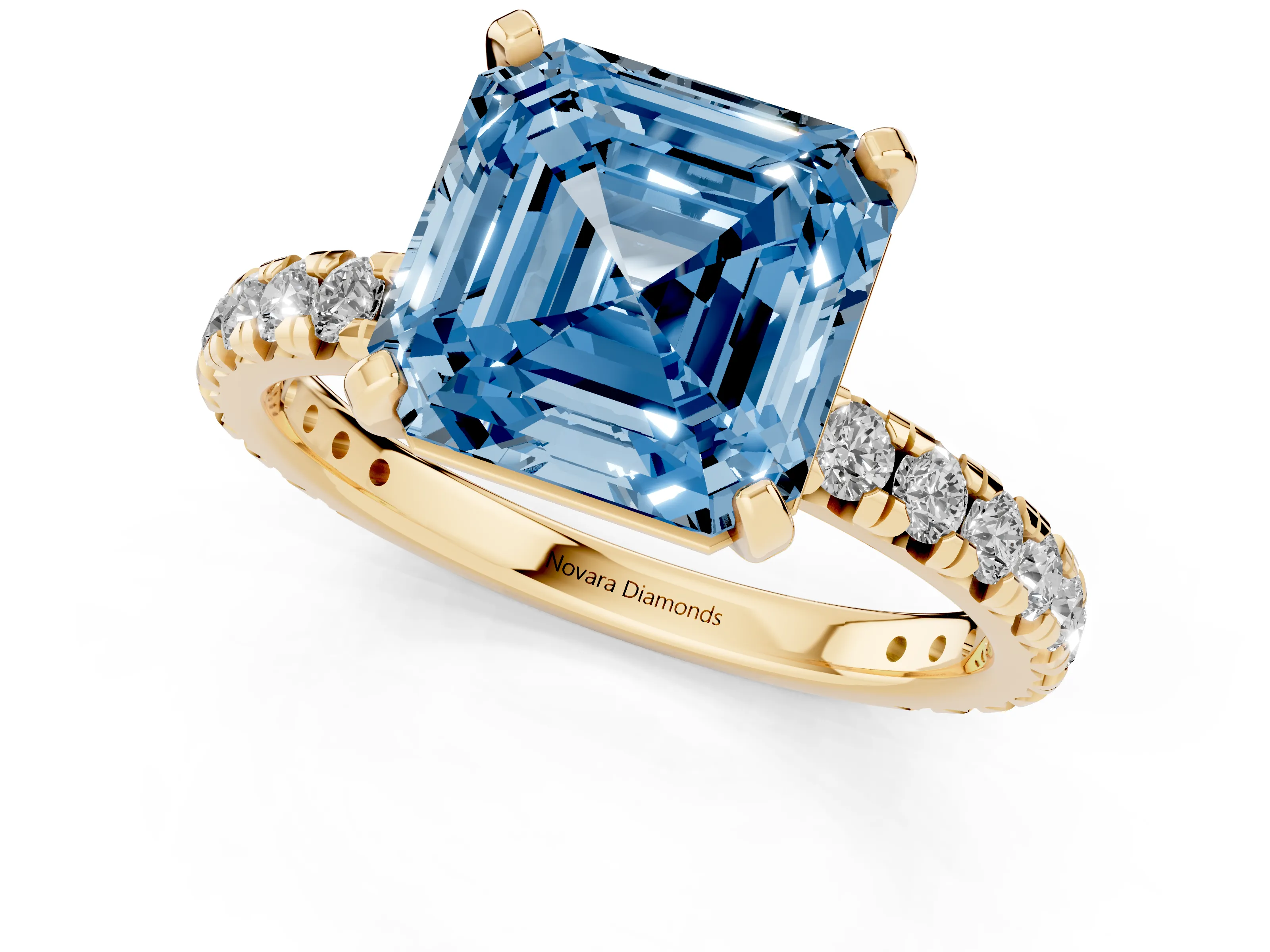 Fancy Blue Asscher Cut Diamond Pavé Solitaire Ring Set in Yellow gold with Round Band and Prong Setting