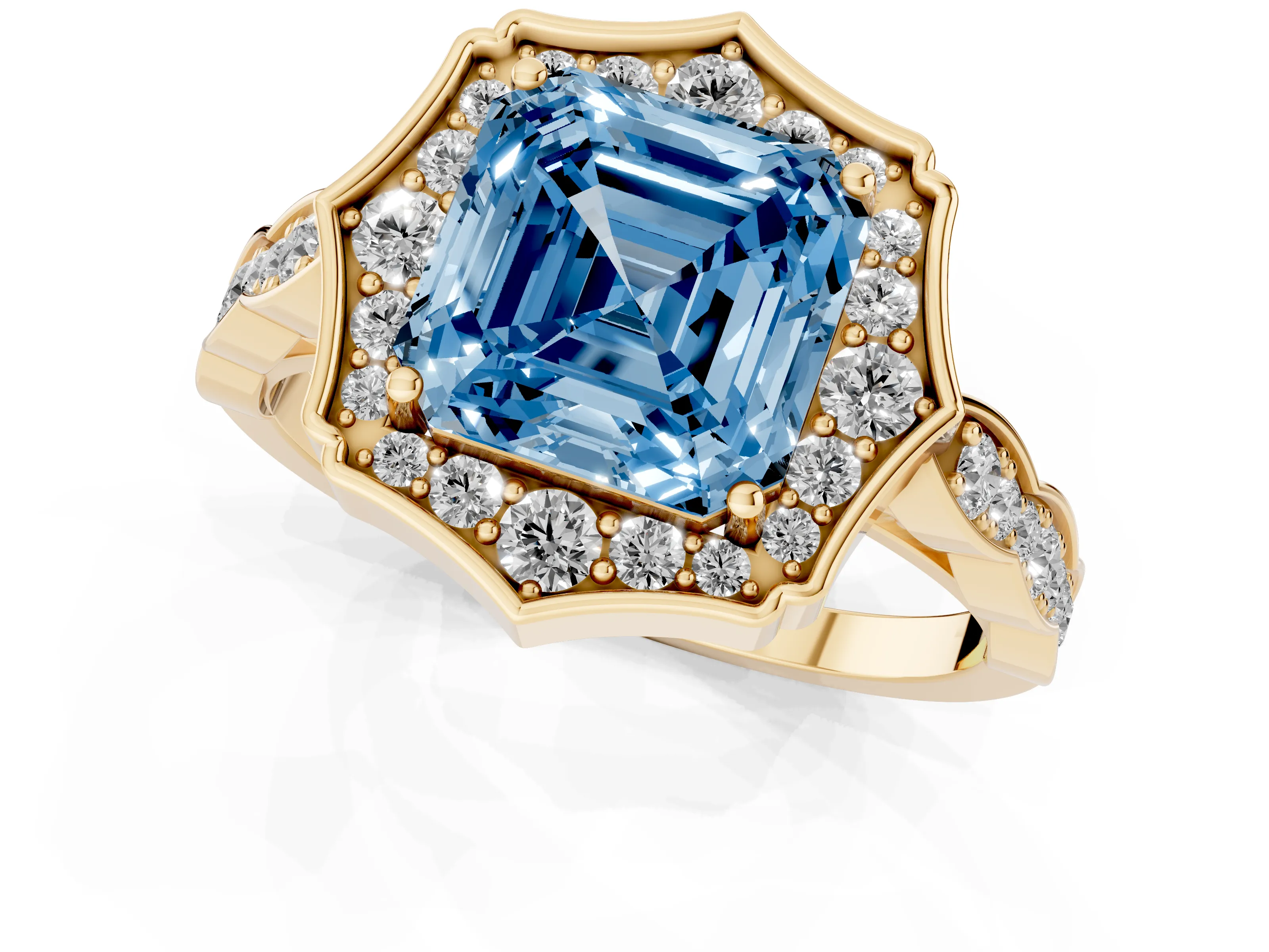 Fancy Blue Asscher Cut Diamond Halo Engagement Ring Set in Yellow gold with Milgrain Band and Prong Setting